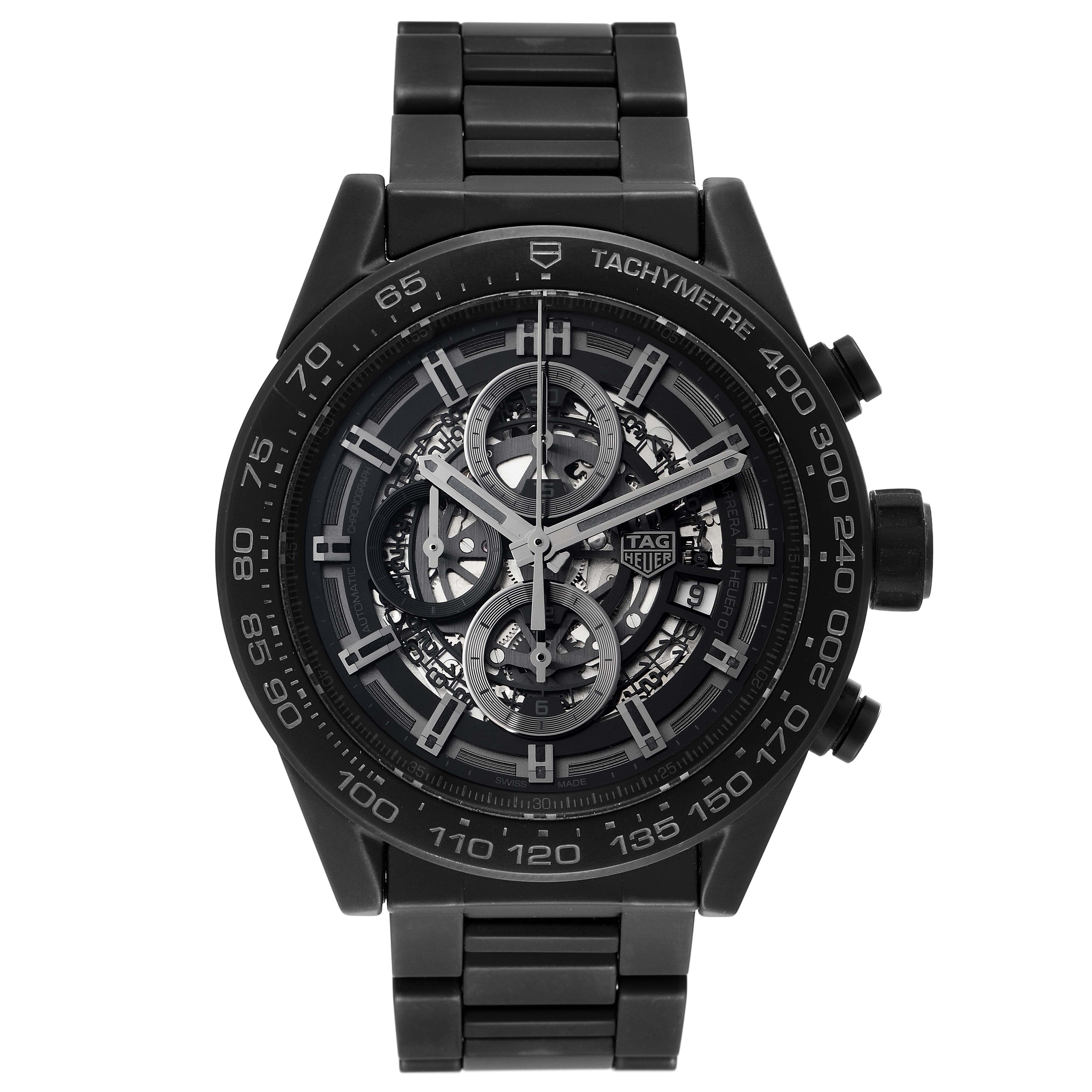 This image shows a front view of a Tag Heuer Carrera CAR2A91.BH0742 Men's Ceramic Black Dial CAR2A91.BH0742 Men's Ceramic Black Dial watch, highlighting its dial, hands, chronograph sub-dials, and tachymeter bezel.