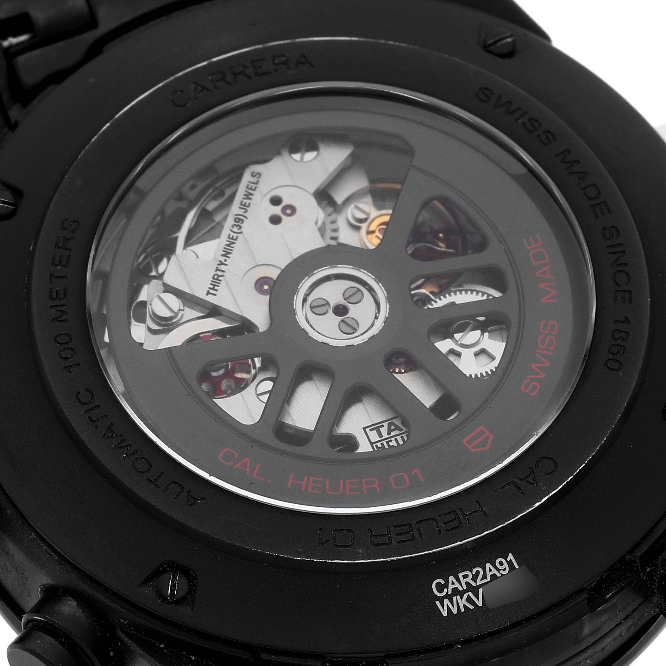 The image shows the back view of a Tag Heuer Carrera CAR2A91.BH0742 Men's Ceramic Black Dial CAR2A91.BH0742 Men's Ceramic Black Dial model, highlighting its automatic movement mechanism.