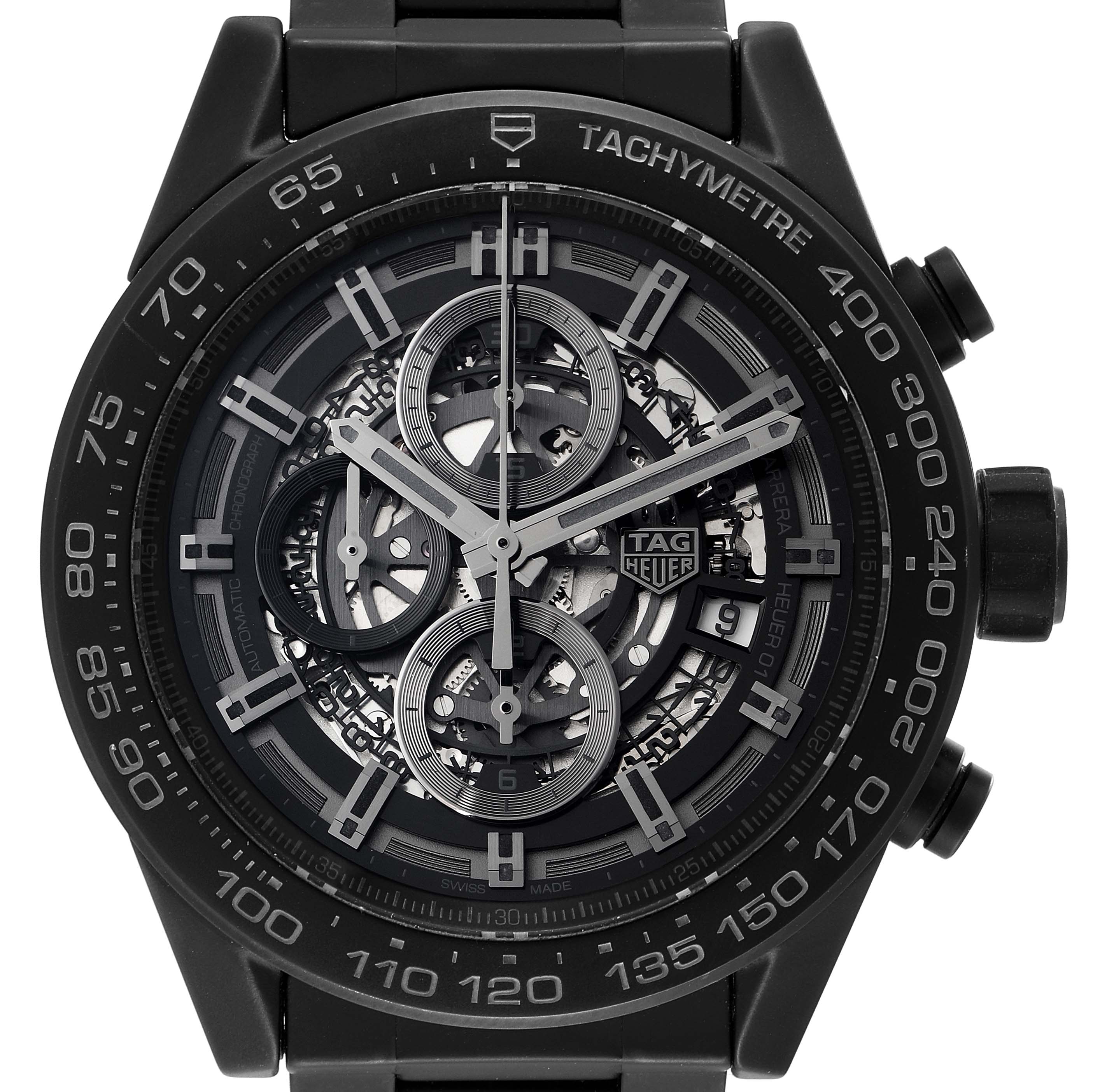 The image shows a front view of the Tag Heuer Carrera CAR2A91.BH0742 Men's Ceramic Black Dial CAR2A91.BH0742 Men's Ceramic Black Dial watch's face, highlighting the chronograph dials and tachymeter scale.
