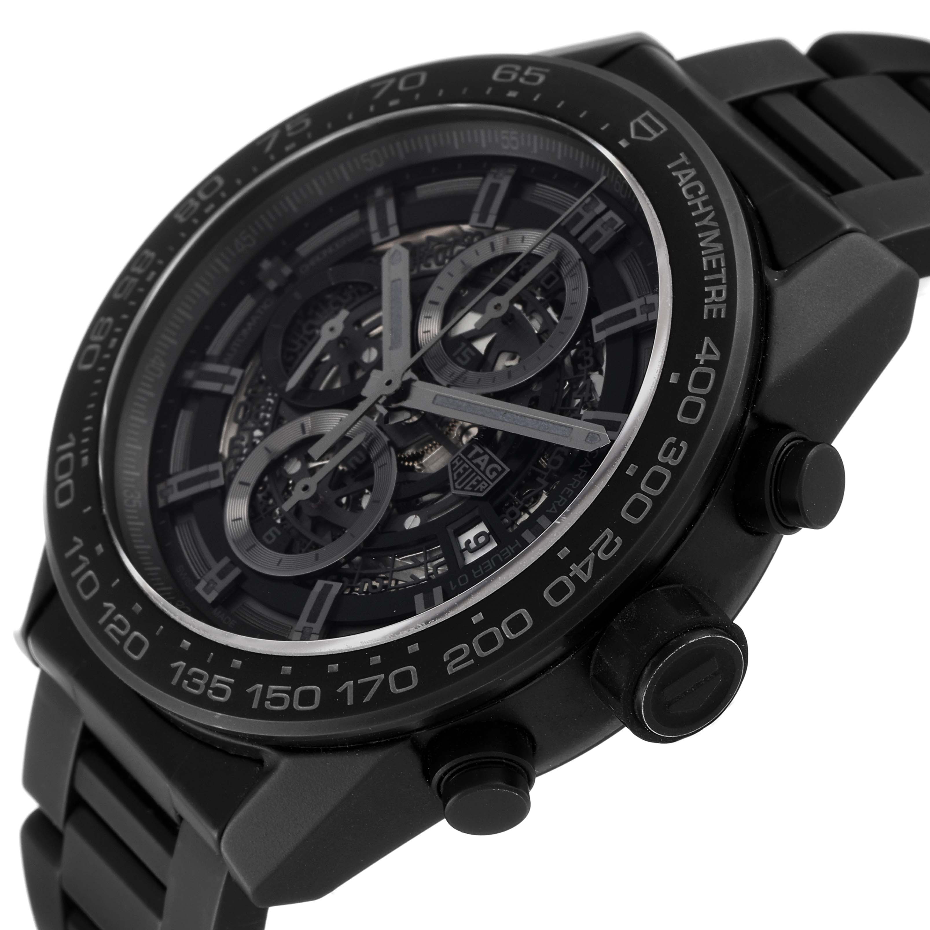 The image shows a side-angled view of the Tag Heuer Carrera CAR2A91.BH0742 Men's Ceramic Black Dial CAR2A91.BH0742 Men's Ceramic Black Dial watch, highlighting its black chronograph dial and tachymeter bezel.