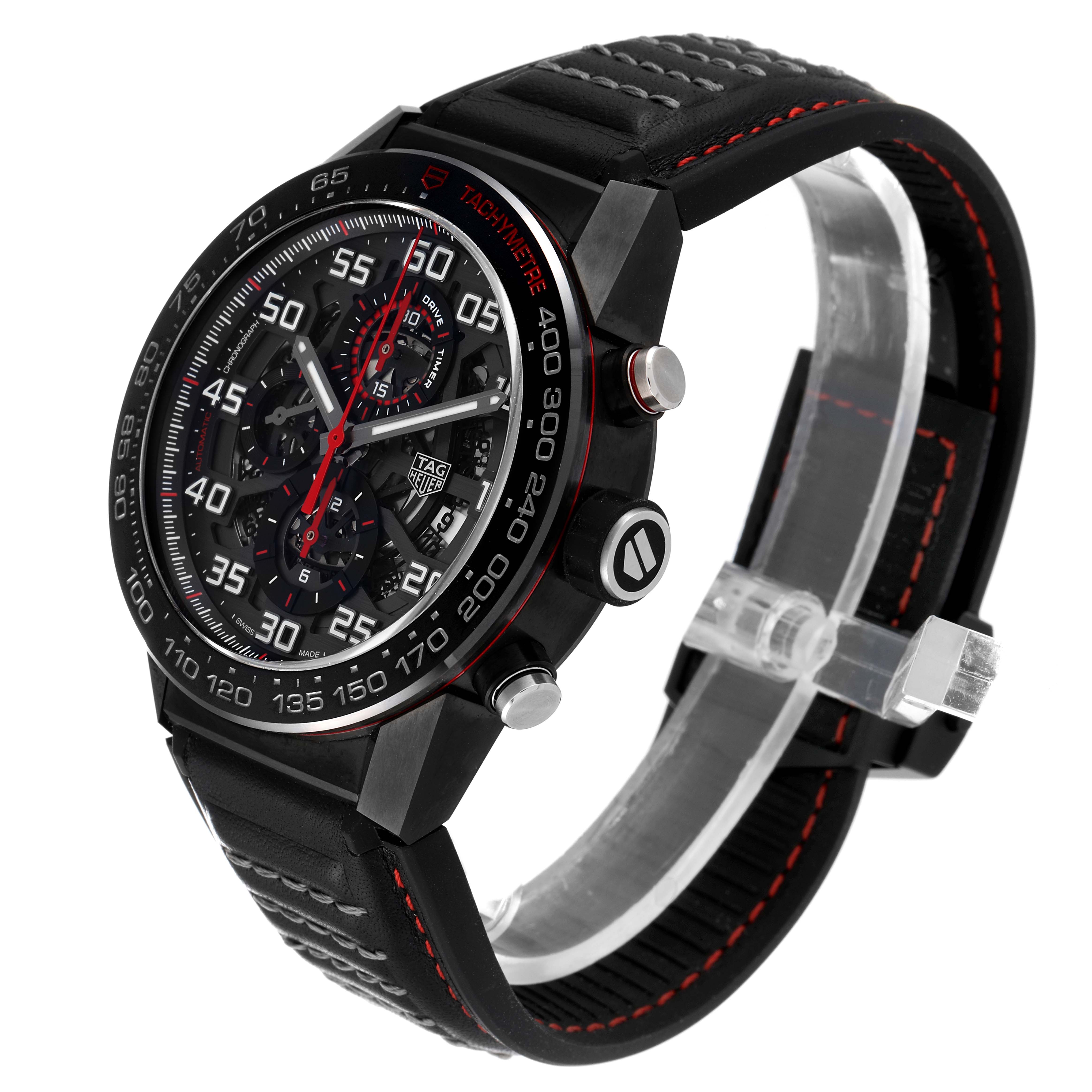 The watch is shown at a three-quarter angle, displaying the face, bezel, crown, and part of the band of the Tag Heuer Carrera CAR2A1H.FT6101 Men's Stainless Steel Black Dial CAR2A1H.FT6101 Men's Stainless Steel Black Dial model.