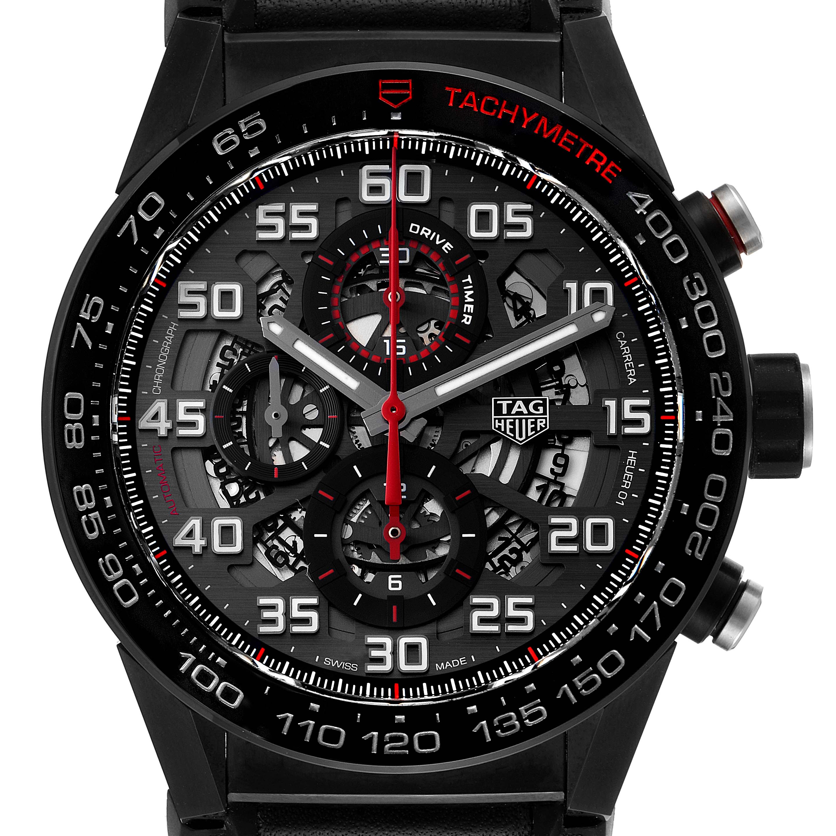 This image shows a front view of the Tag Heuer Carrera CAR2A1H.FT6101 Men's Stainless Steel Black Dial CAR2A1H.FT6101 Men's Stainless Steel Black Dial watch displaying the dial, tachymeter, and chronograph features.