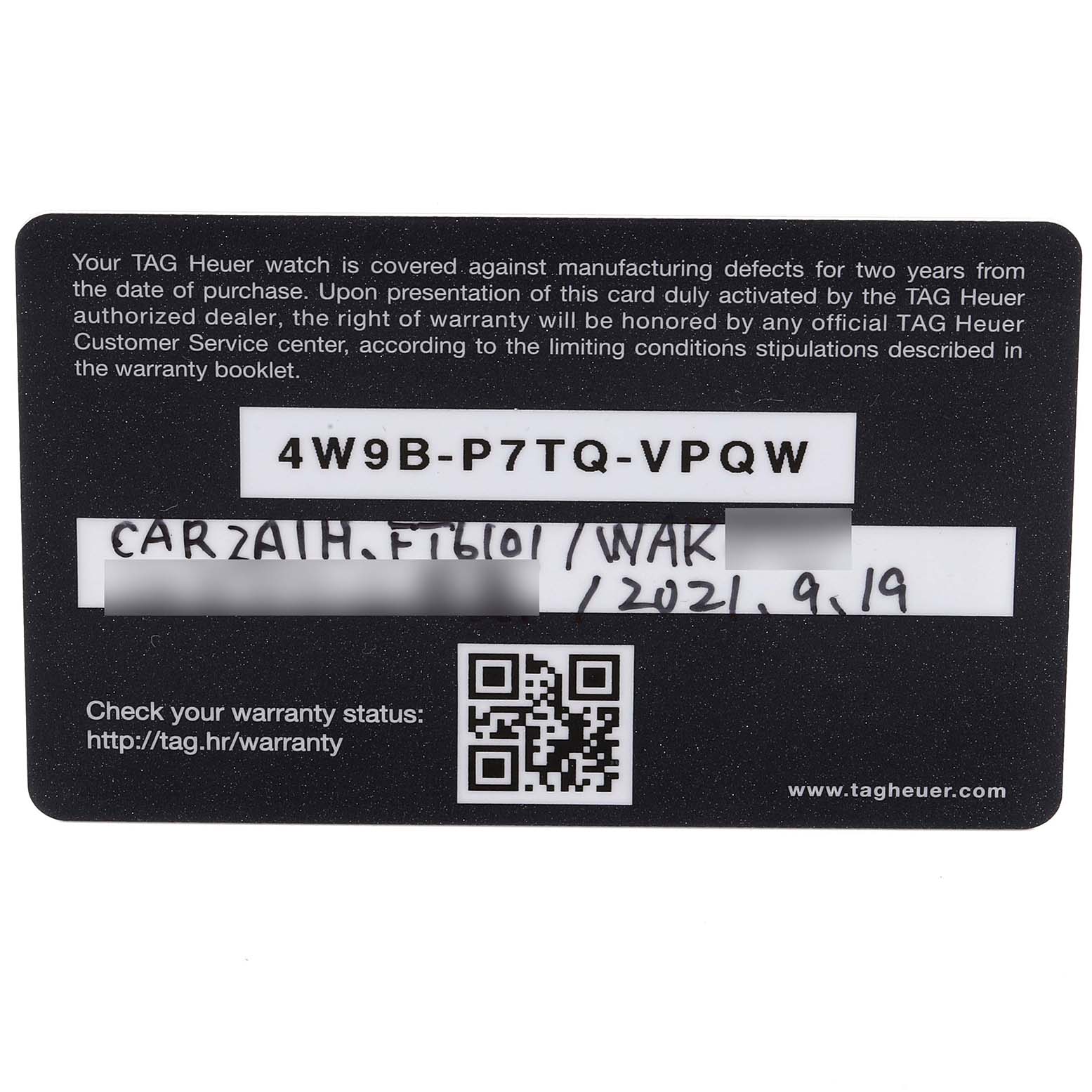 This image shows the warranty card for a Tag Heuer Carrera CAR2A1H.FT6101 Men's Stainless Steel Black Dial CAR2A1H.FT6101 Men's Stainless Steel Black Dial model watch.