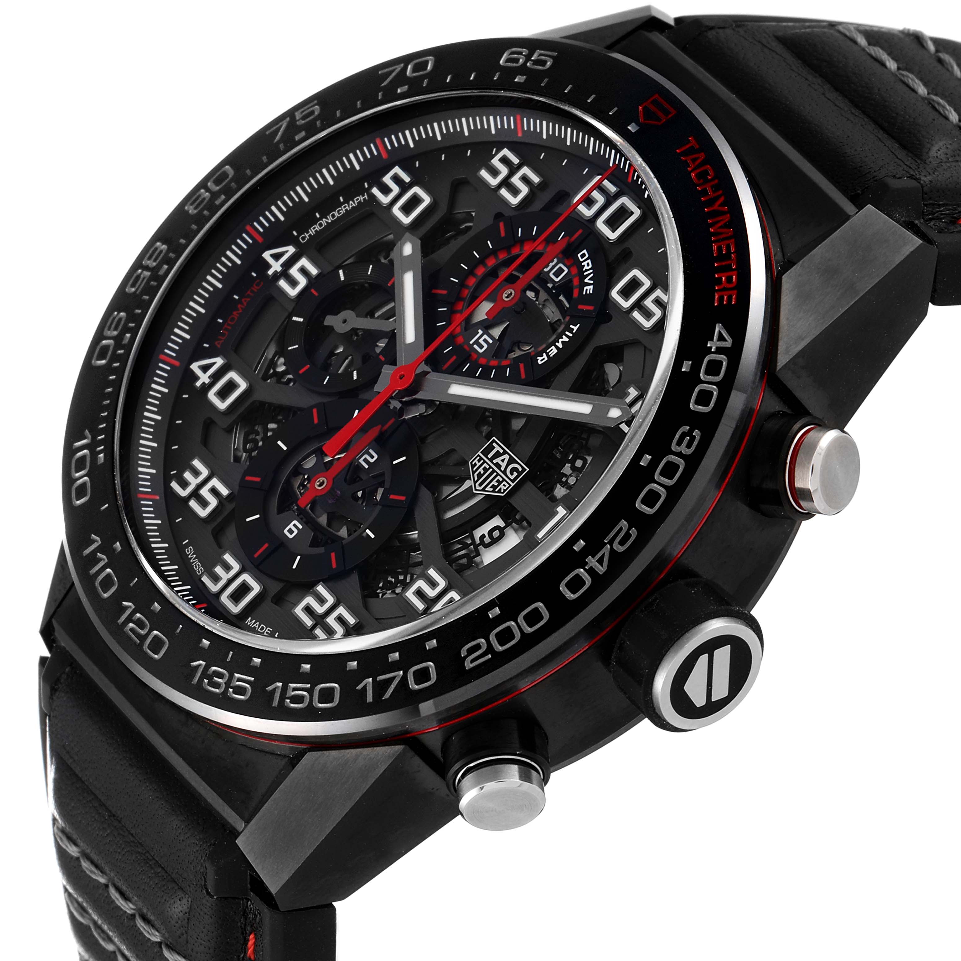 The image shows a Tag Heuer Carrera CAR2A1H.FT6101 Men's Stainless Steel Black Dial CAR2A1H.FT6101 Men's Stainless Steel Black Dial watch from an angled close-up, highlighting the face, bezel, and one strap.