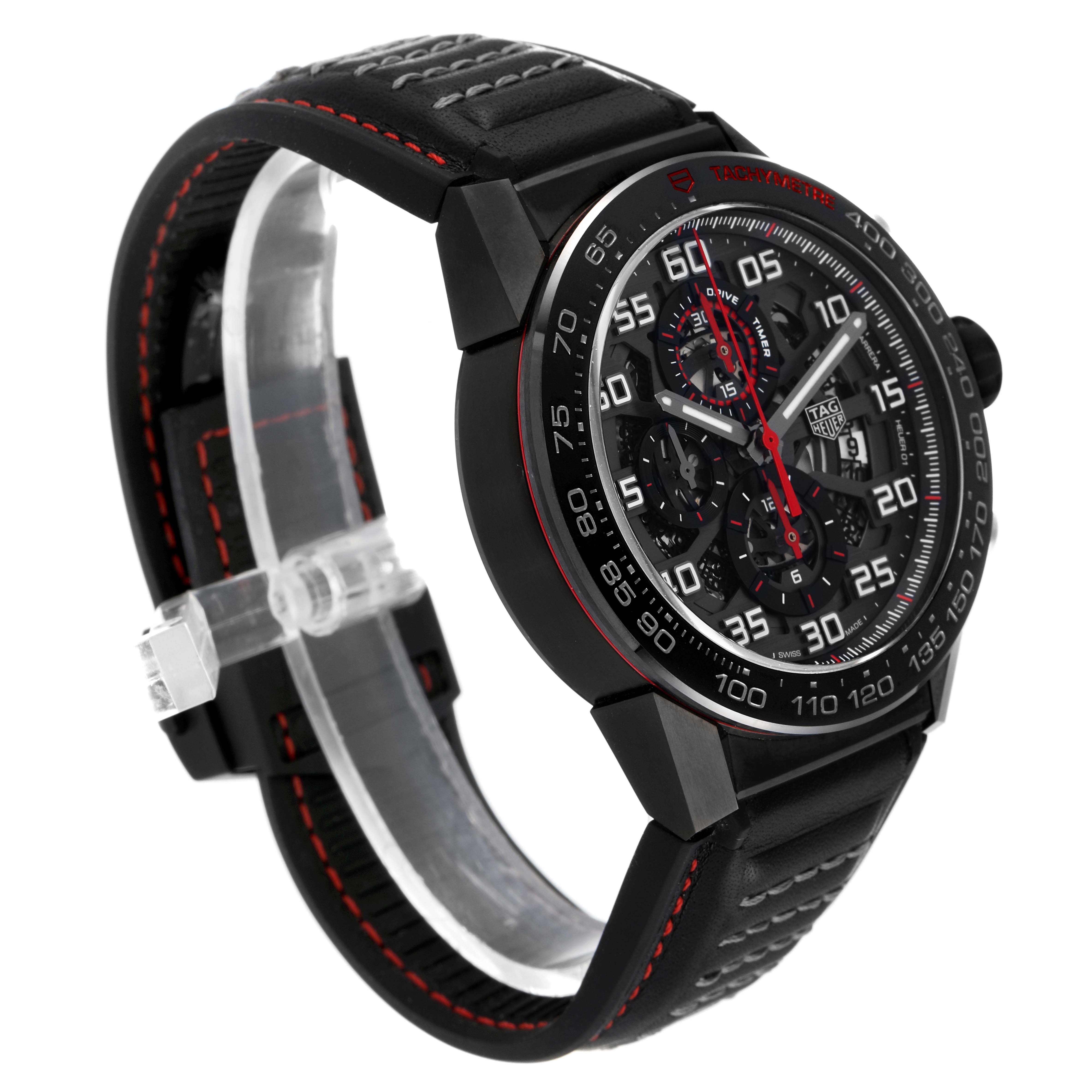 The Tag Heuer Carrera CAR2A1H.FT6101 Men's Stainless Steel Black Dial CAR2A1H.FT6101 Men's Stainless Steel Black Dial watch is shown at a three-quarter angle, highlighting its face and black leather strap with red stitching.