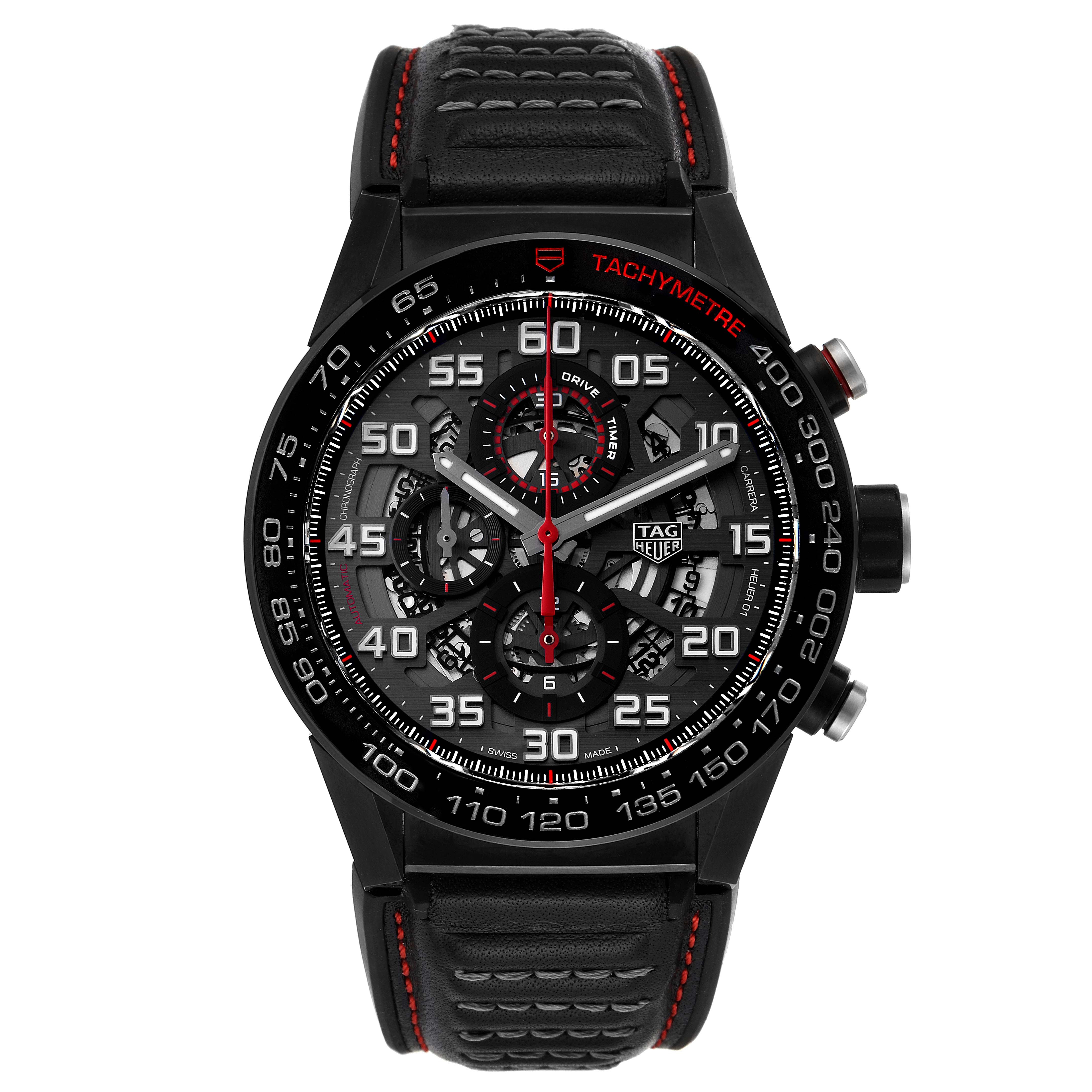 The image shows a frontal view of a Tag Heuer Carrera CAR2A1H.FT6101 Men's Stainless Steel Black Dial CAR2A1H.FT6101 Men's Stainless Steel Black Dial watch, displaying the dial, bezel, and strap with prominent details.