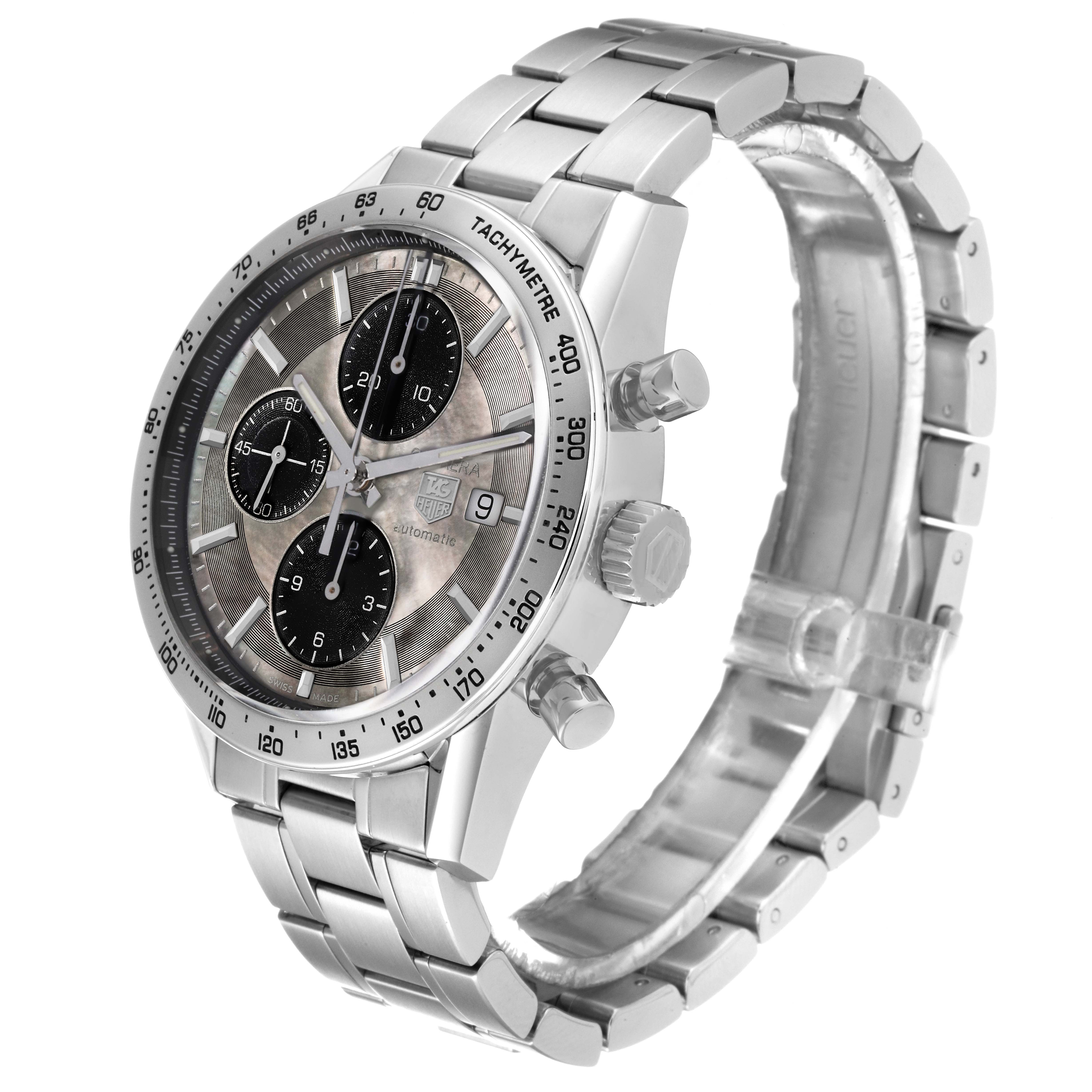 The image shows a side-angle view of a Tag Heuer Carrera CV201P Men's Stainless Steel Mother of Pearl Dial CV201P Men's Stainless Steel Mother of Pearl Dial watch, highlighting its dial, crown, pushers, and metal bracelet.