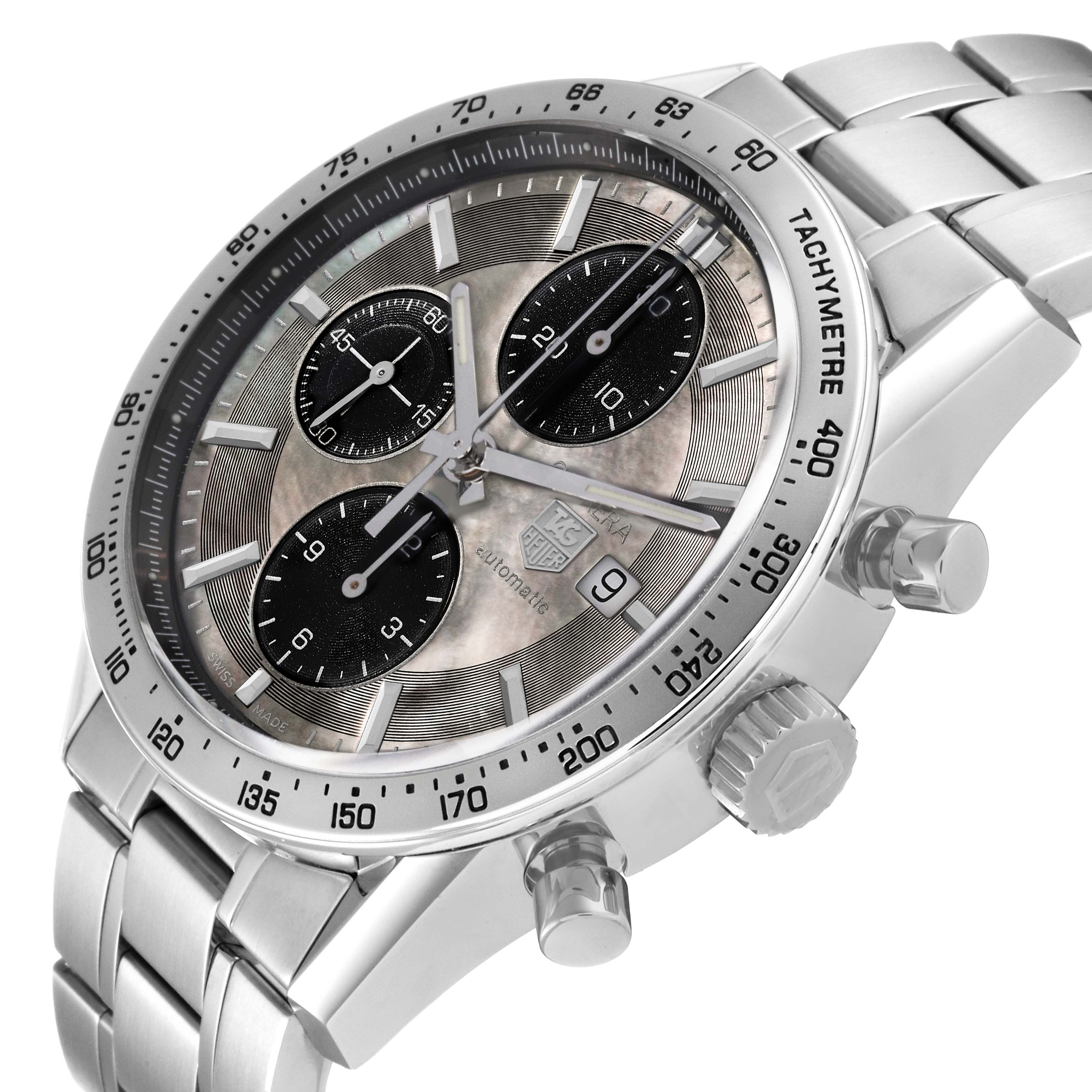 The Tag Heuer Carrera CV201P Men's Stainless Steel Mother of Pearl Dial CV201P Men's Stainless Steel Mother of Pearl Dial watch is shown at a slight angle highlighting its face, bezel, and stainless steel bracelet.