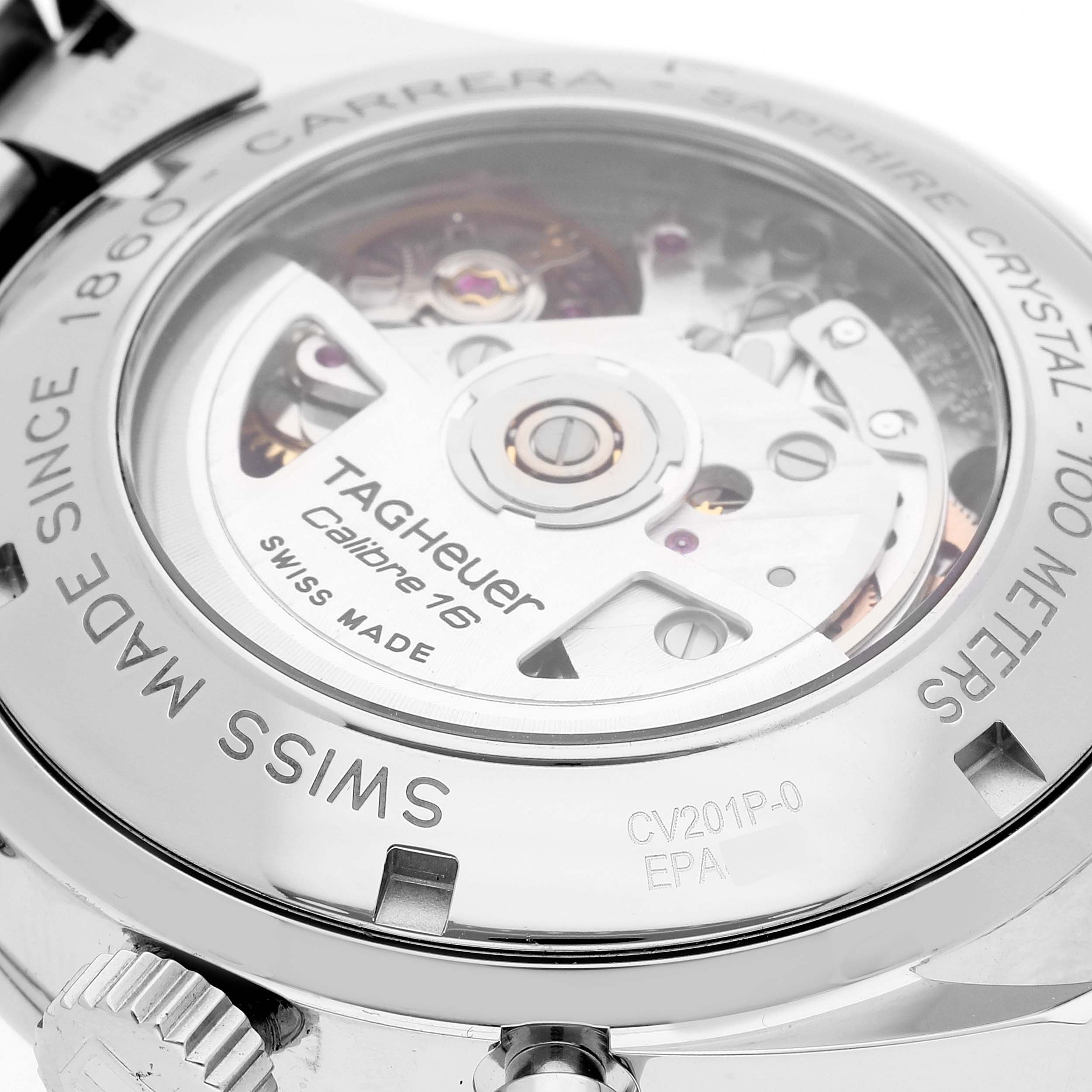 The image shows the rear view of the Tag Heuer Carrera CV201P Men's Stainless Steel Mother of Pearl Dial CV201P Men's Stainless Steel Mother of Pearl Dial watch, displaying its Calibre 16 mechanism through the sapphire crystal back.