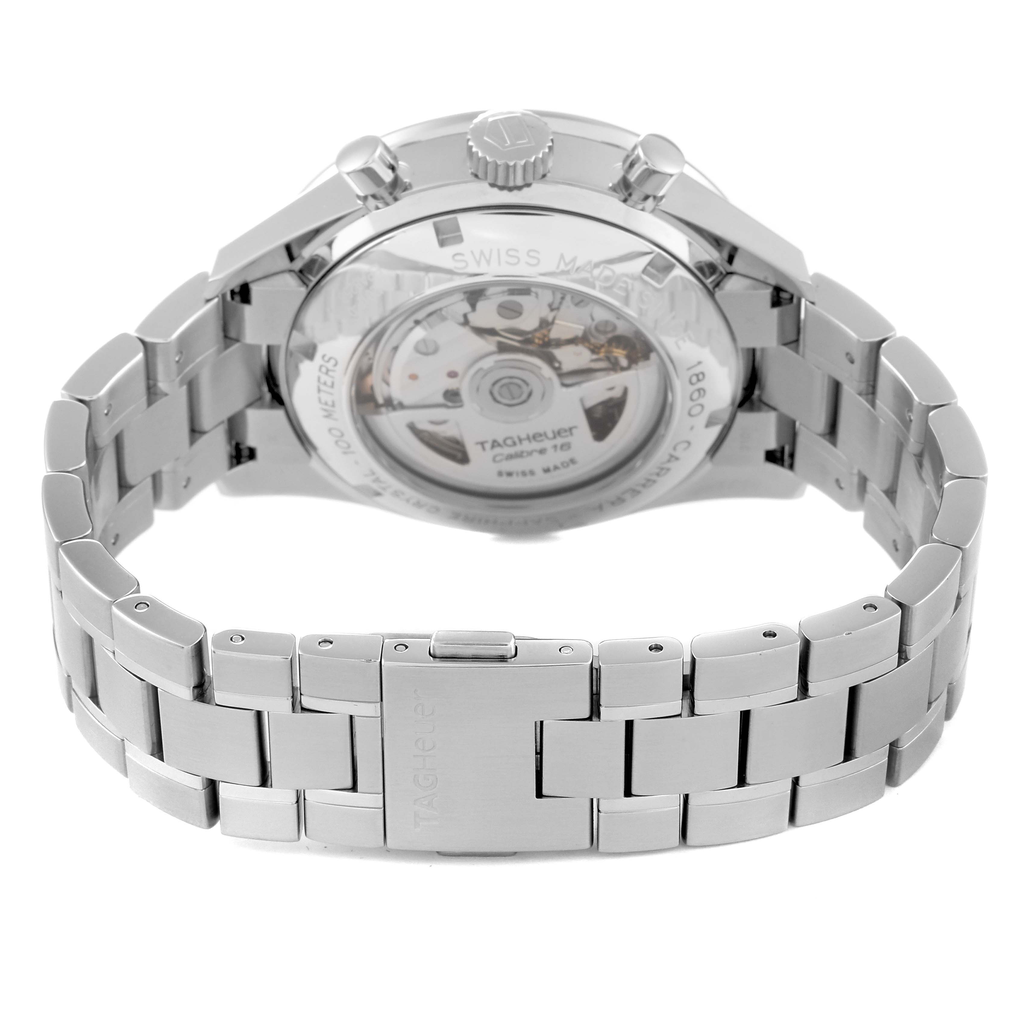 The image shows the back view of a Tag Heuer Carrera CV201P Men's Stainless Steel Mother of Pearl Dial CV201P Men's Stainless Steel Mother of Pearl Dial watch, highlighting its stainless steel bracelet and transparent case back.