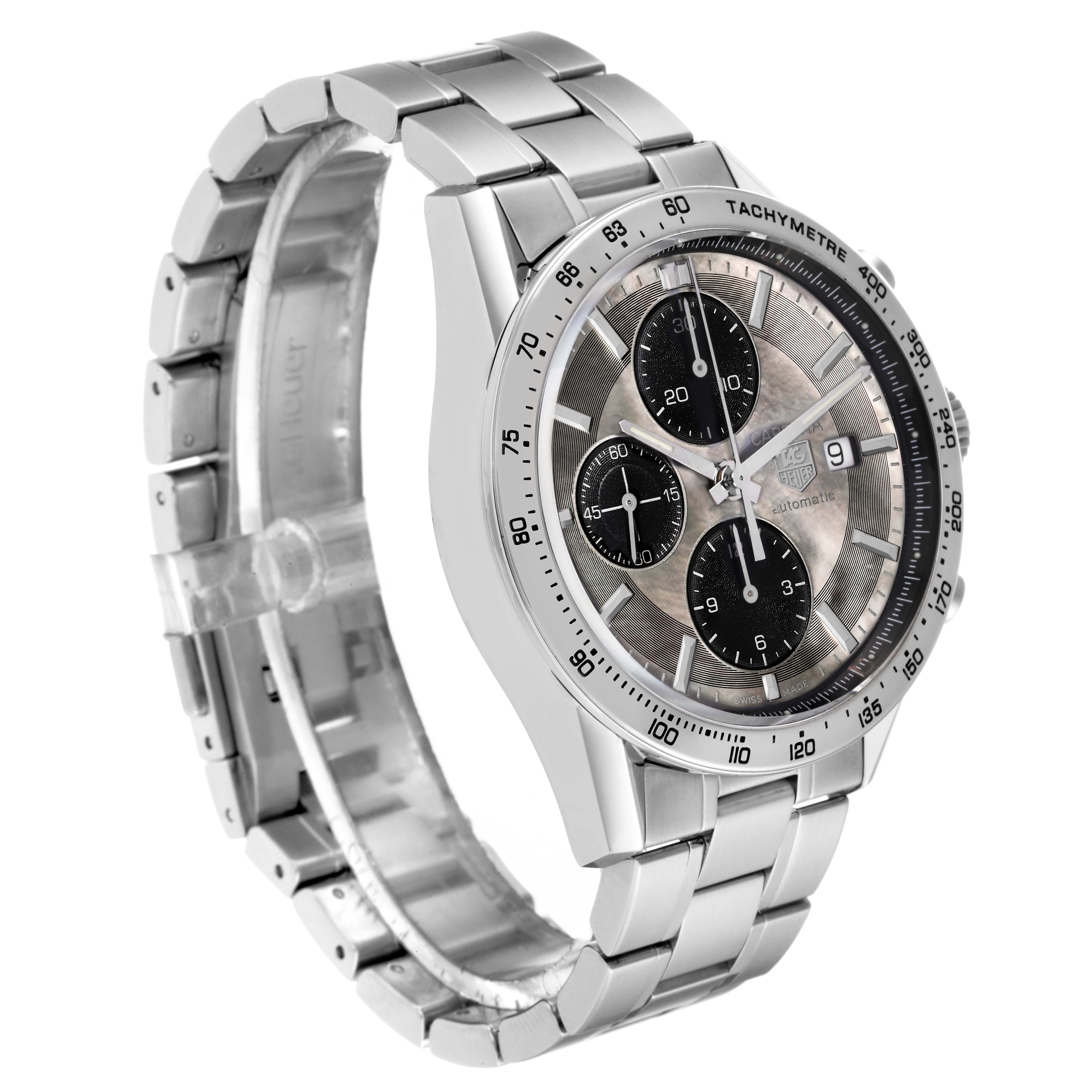 The Tag Heuer Carrera CV201P Men's Stainless Steel Mother of Pearl Dial CV201P Men's Stainless Steel Mother of Pearl Dial watch is shown at a front-left angle, detailing its metallic bracelet, chronograph dials, and tachymeter bezel.