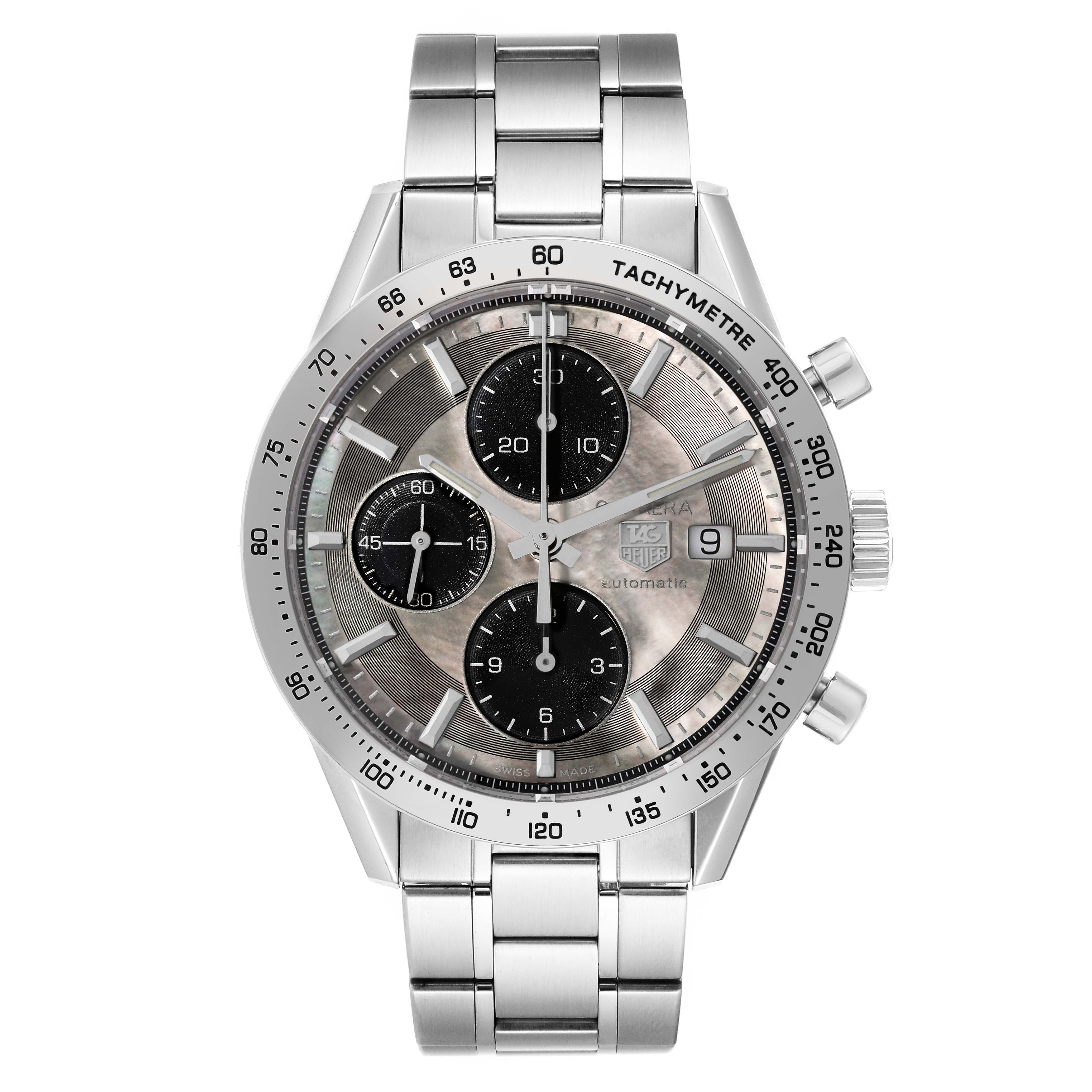The image shows a front view of a Tag Heuer Carrera CV201P Men's Stainless Steel Mother of Pearl Dial CV201P Men's Stainless Steel Mother of Pearl Dial watch with a stainless steel bracelet and tachymetre bezel.