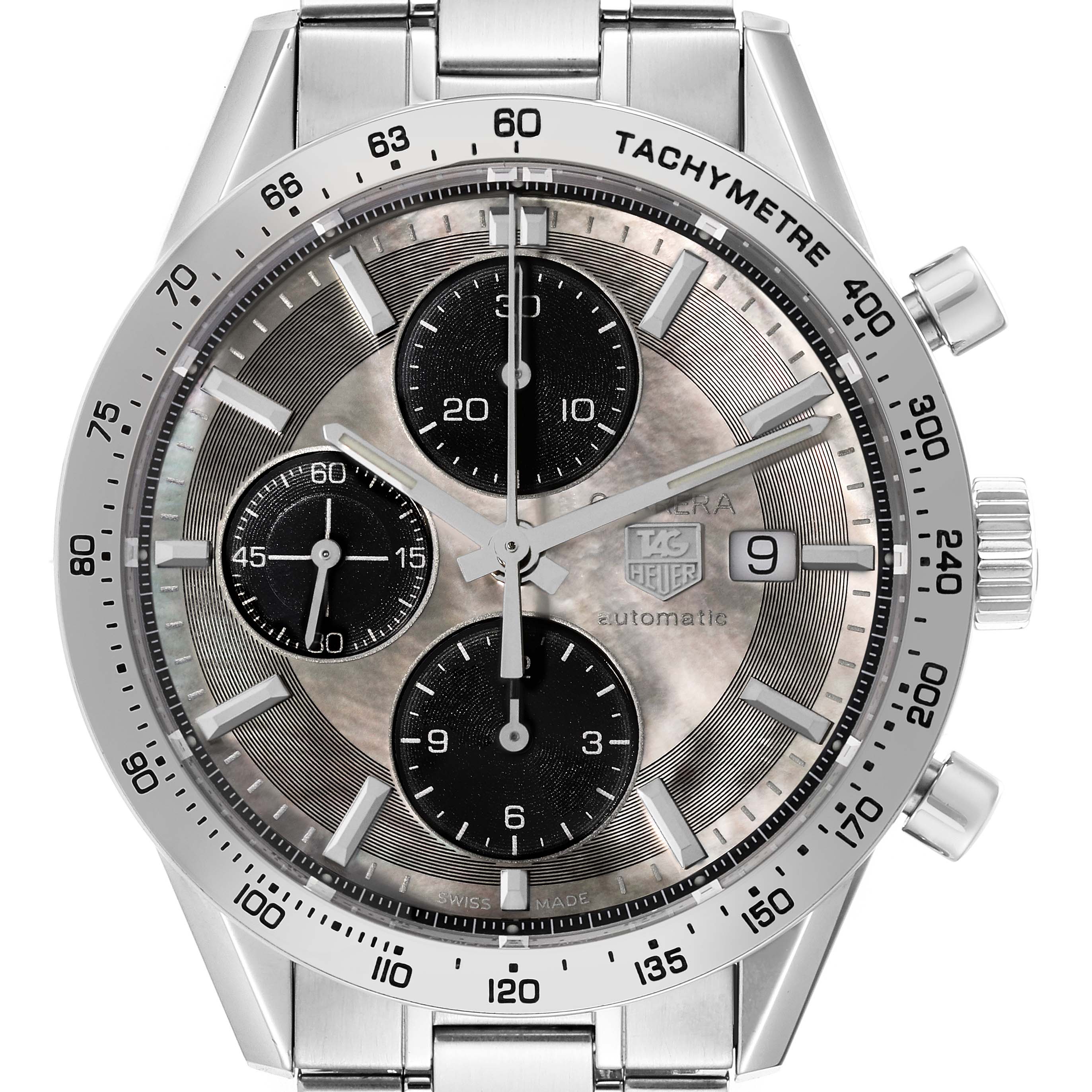 This image shows the front view of the Carrera model by Tag Heuer, highlighting its dial, sub-dials, and tachymeter.
