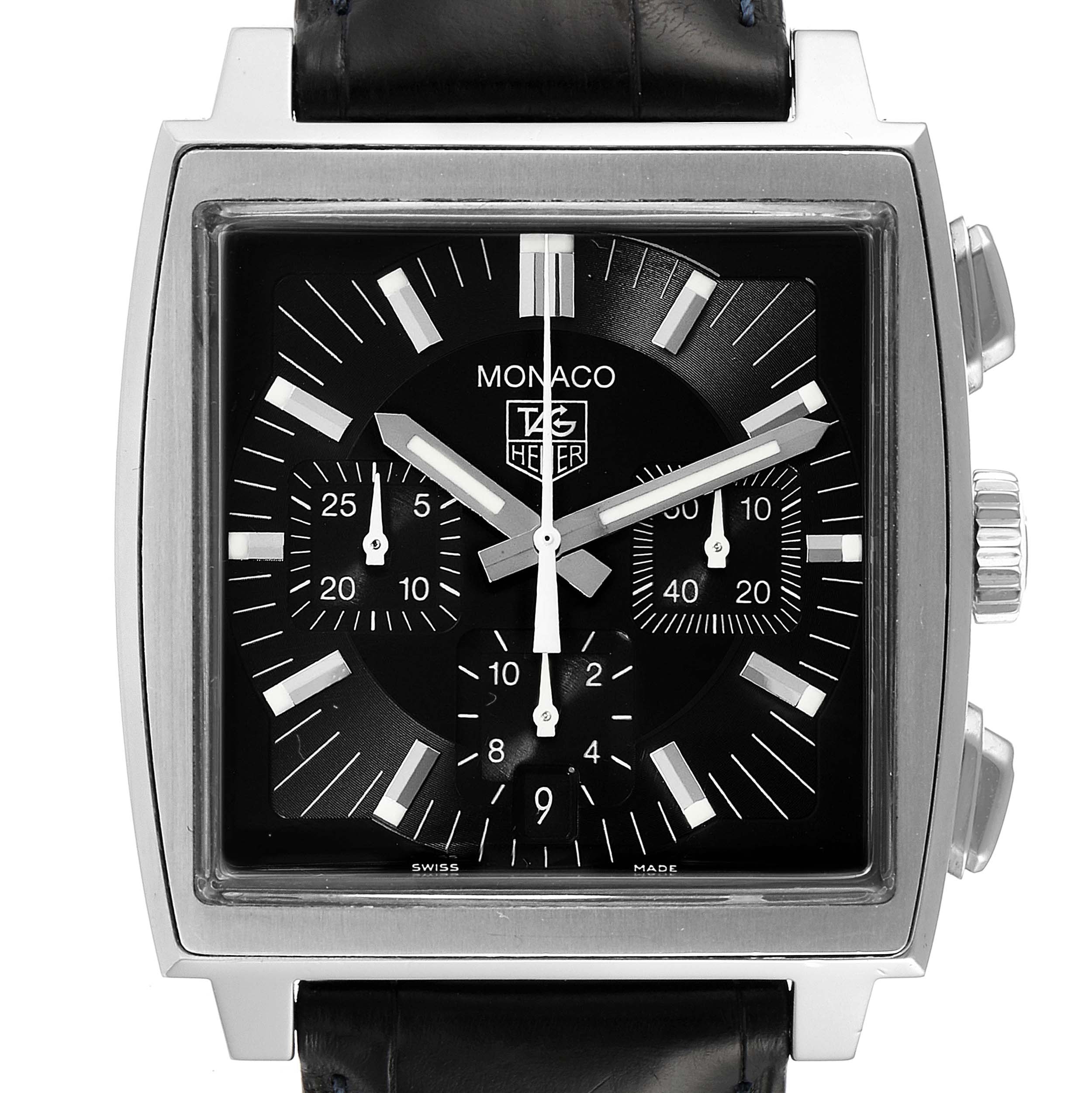 The image shows a front view of the Tag Heuer Monaco CW2111 Men's Stainless Steel Black Dial CW2111 Men's Stainless Steel Black Dial watch, highlighting its square dial, chronograph subdials, and black leather strap.