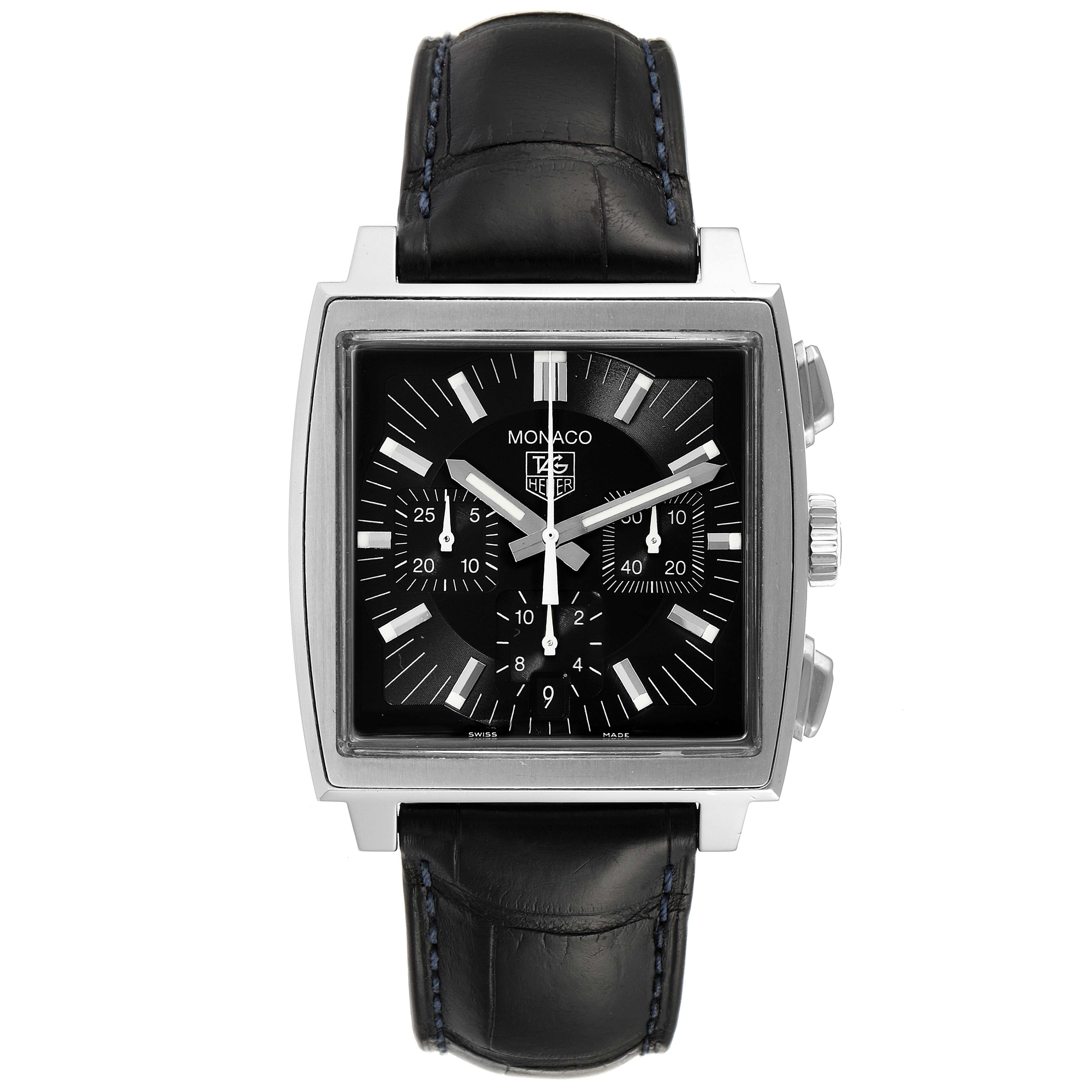 The image shows a front view of the Tag Heuer Monaco CW2111 Men's Stainless Steel Black Dial CW2111 Men's Stainless Steel Black Dial watch, highlighting its square dial, chronograph features, and black leather strap.