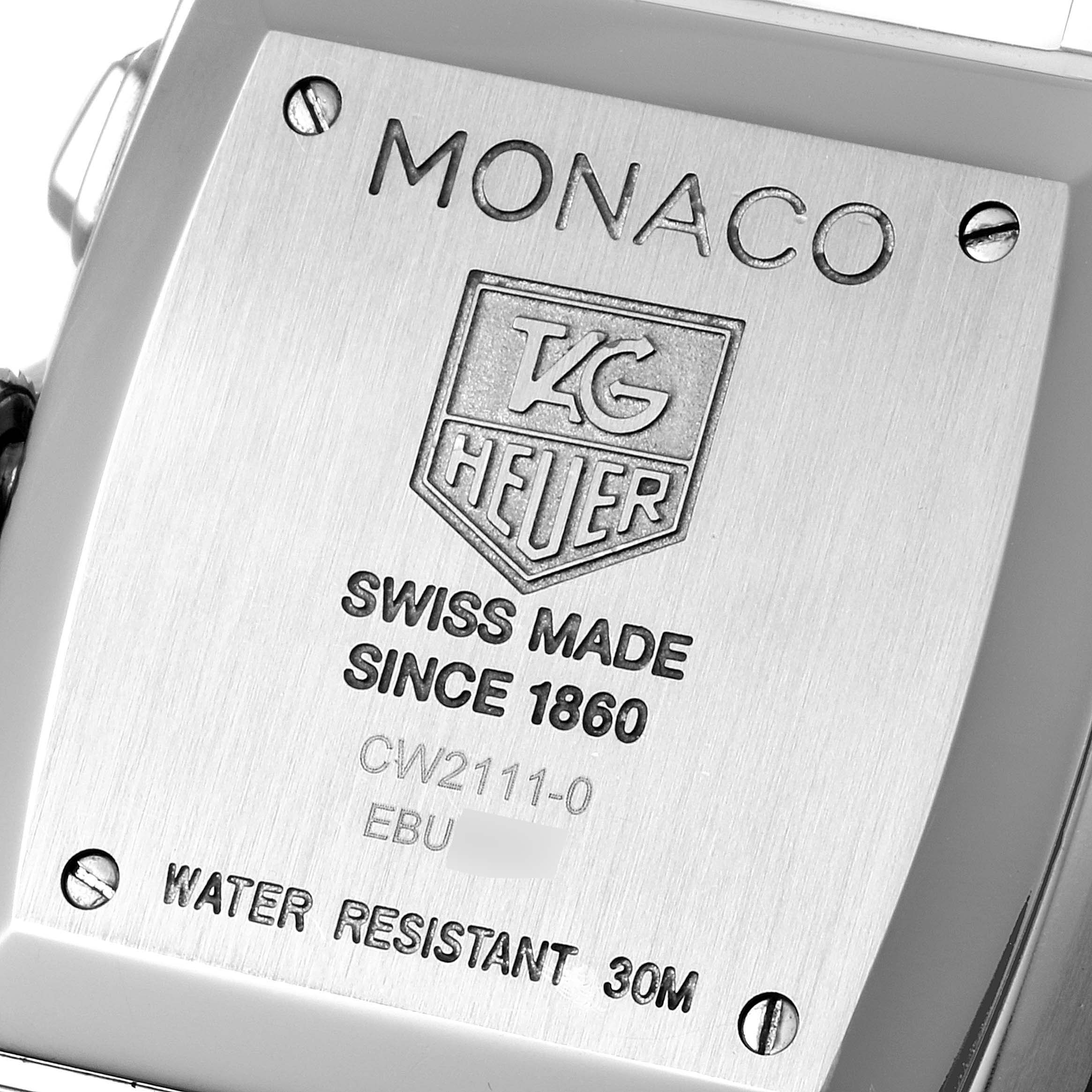The image shows the back case of a Tag Heuer Monaco CW2111 Men's Stainless Steel Black Dial CW2111 Men's Stainless Steel Black Dial watch, highlighting its branding, model number, and specifications.