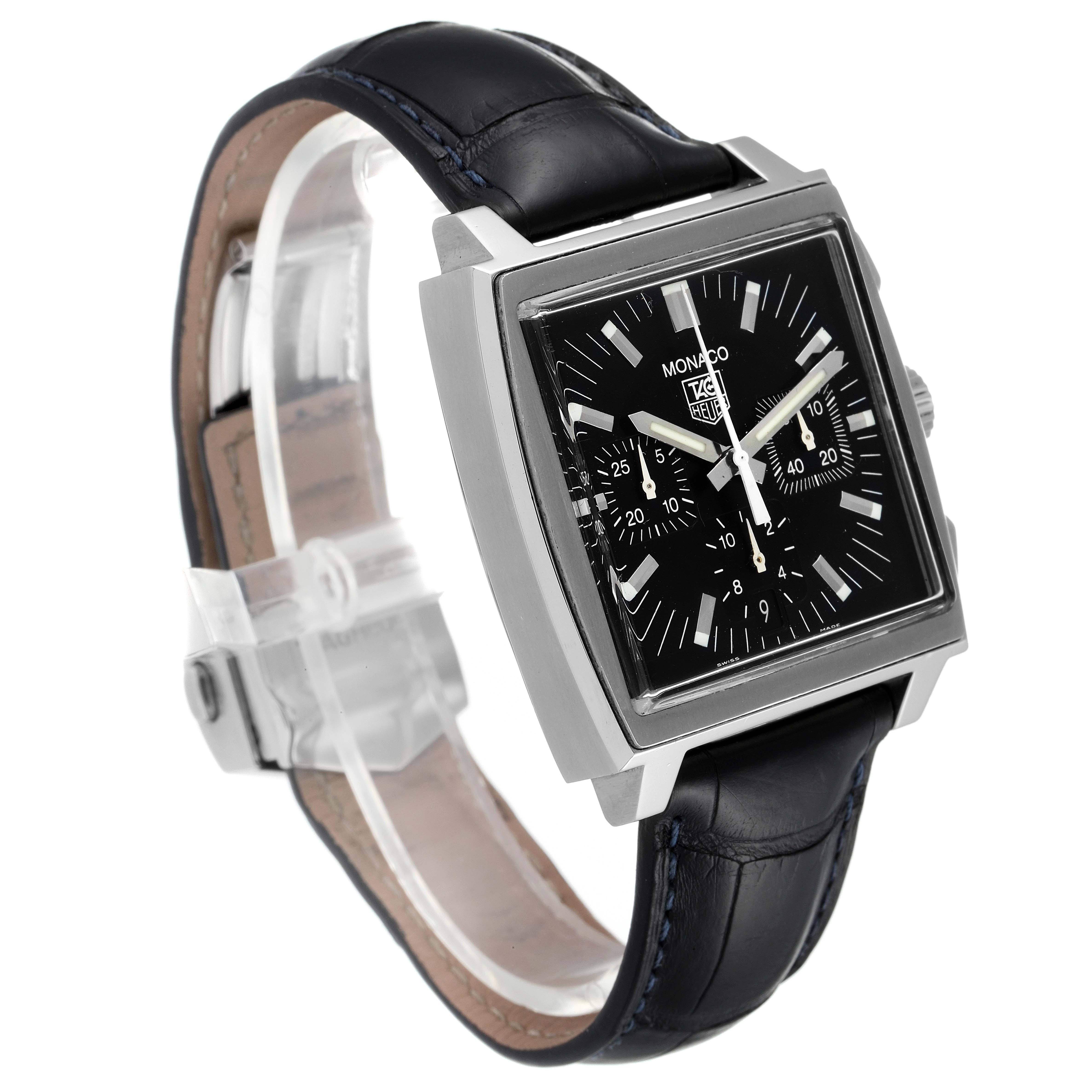 The image shows a Tag Heuer Monaco CW2111 Men's Stainless Steel Black Dial CW2111 Men's Stainless Steel Black Dial watch at a three-quarter angle, highlighting its square case and black leather strap.