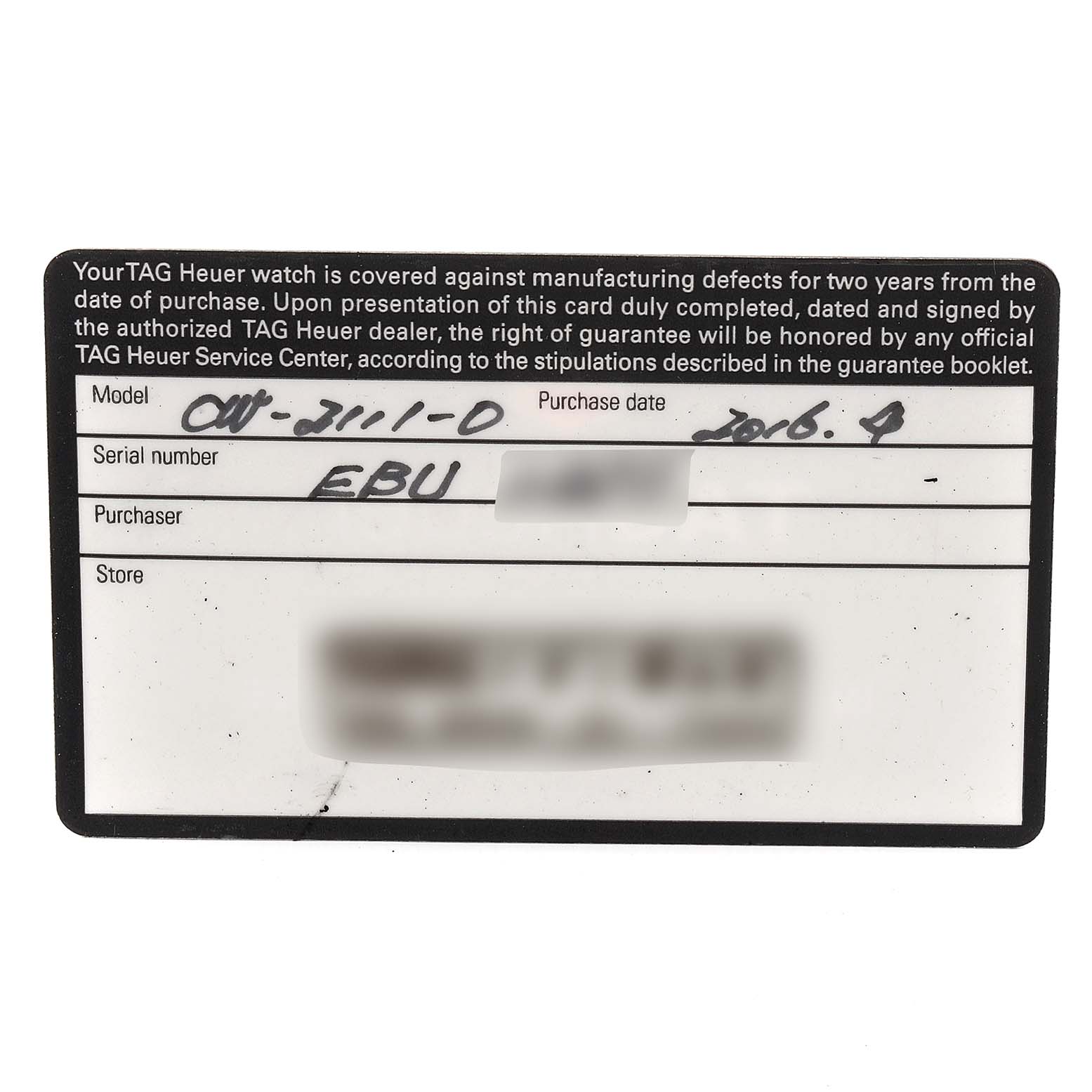 This image shows a warranty card for the Tag Heuer Monaco CW2111 Men's Stainless Steel Black Dial CW2111 Men's Stainless Steel Black Dial model watch, including the model and serial number, purchase date, and purchaser details.