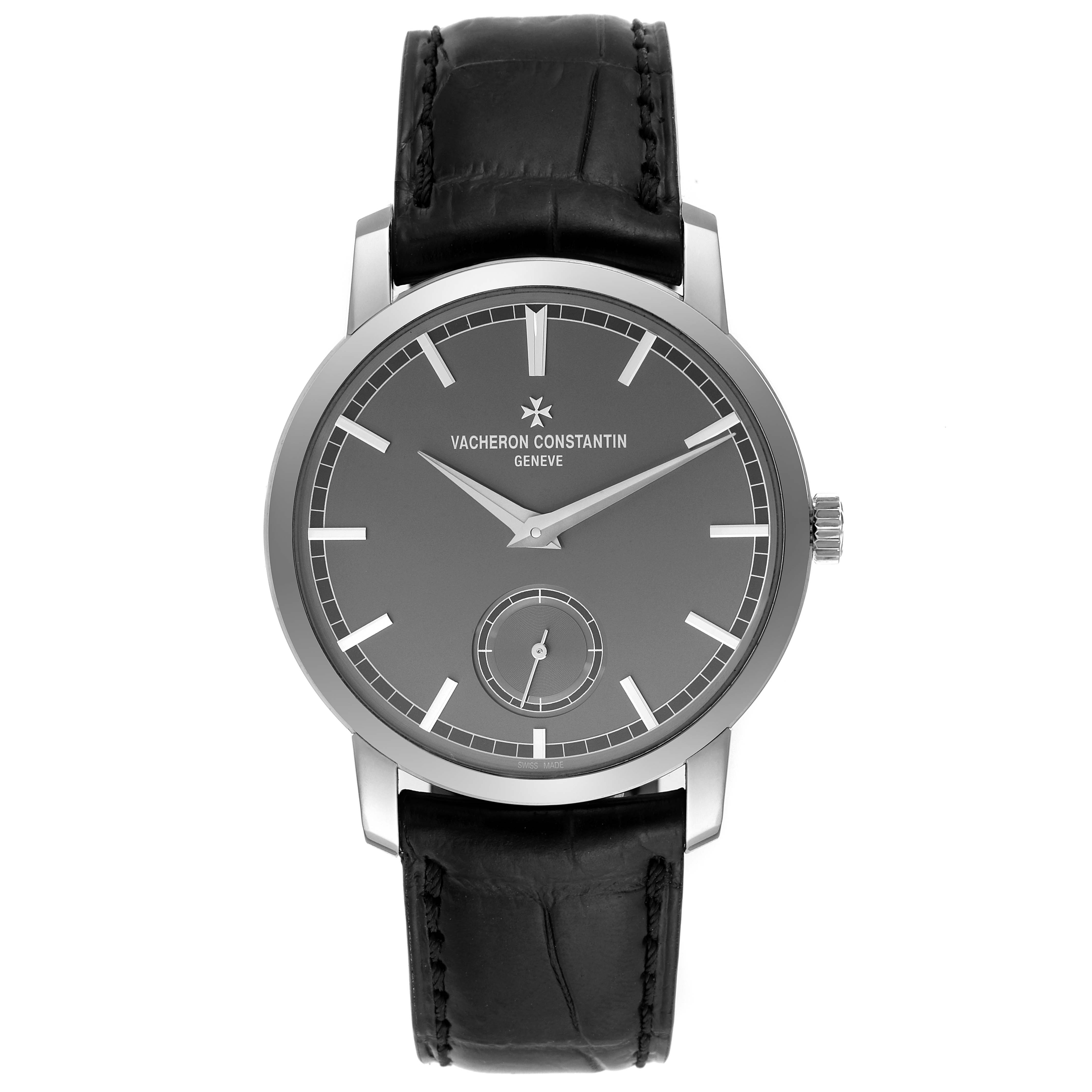 This image shows a front view of the Vacheron Constantin Traditionnelle 82172/000P-9811 Men's Platinum Grey Dial 82172/000P-9811 Men's Platinum Grey Dial watch, featuring its dial, case, and leather strap.