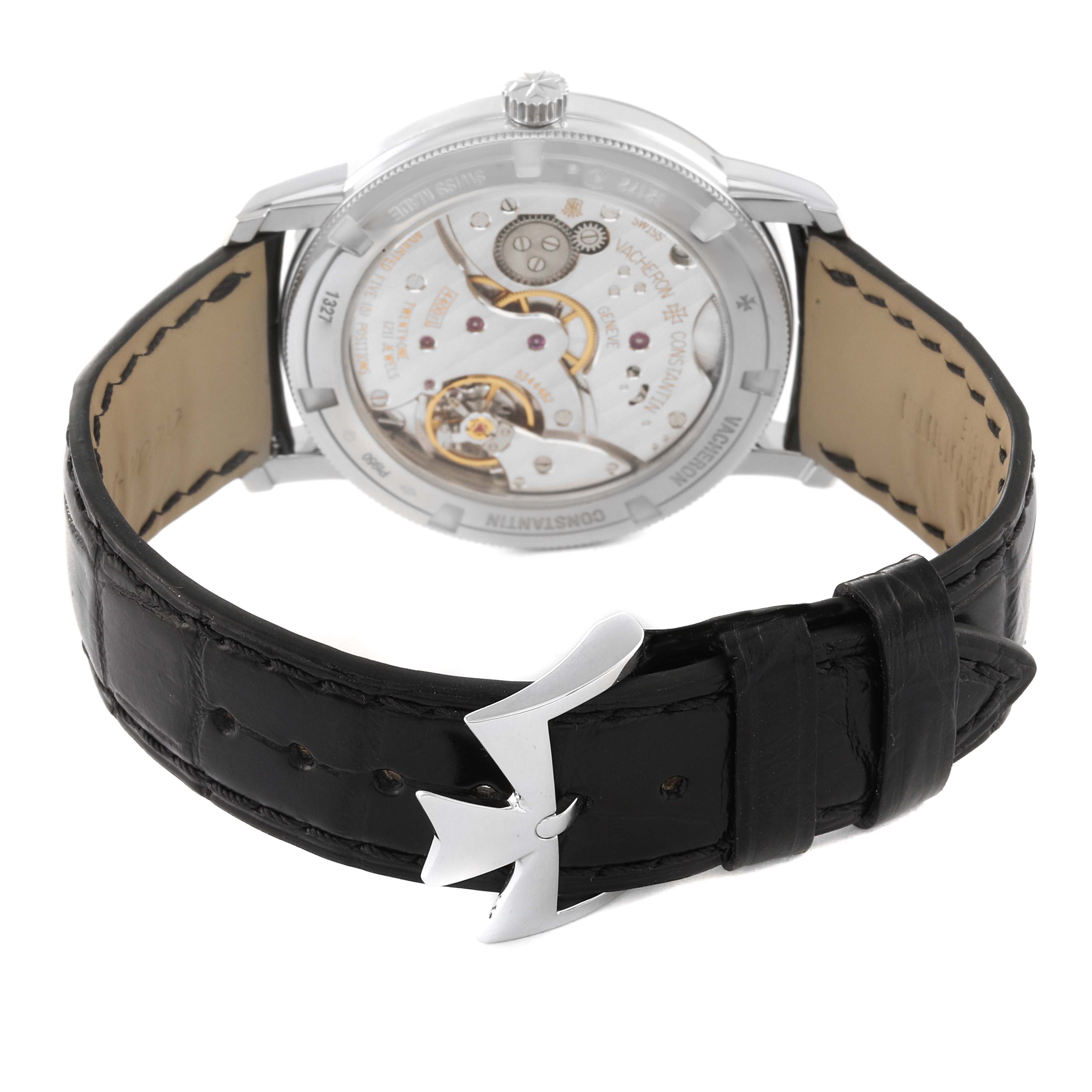 The image shows the back view of a Vacheron Constantin Traditionnelle 82172/000P-9811 Men's Platinum Grey Dial 82172/000P-9811 Men's Platinum Grey Dial watch, highlighting its movement and black leather strap.