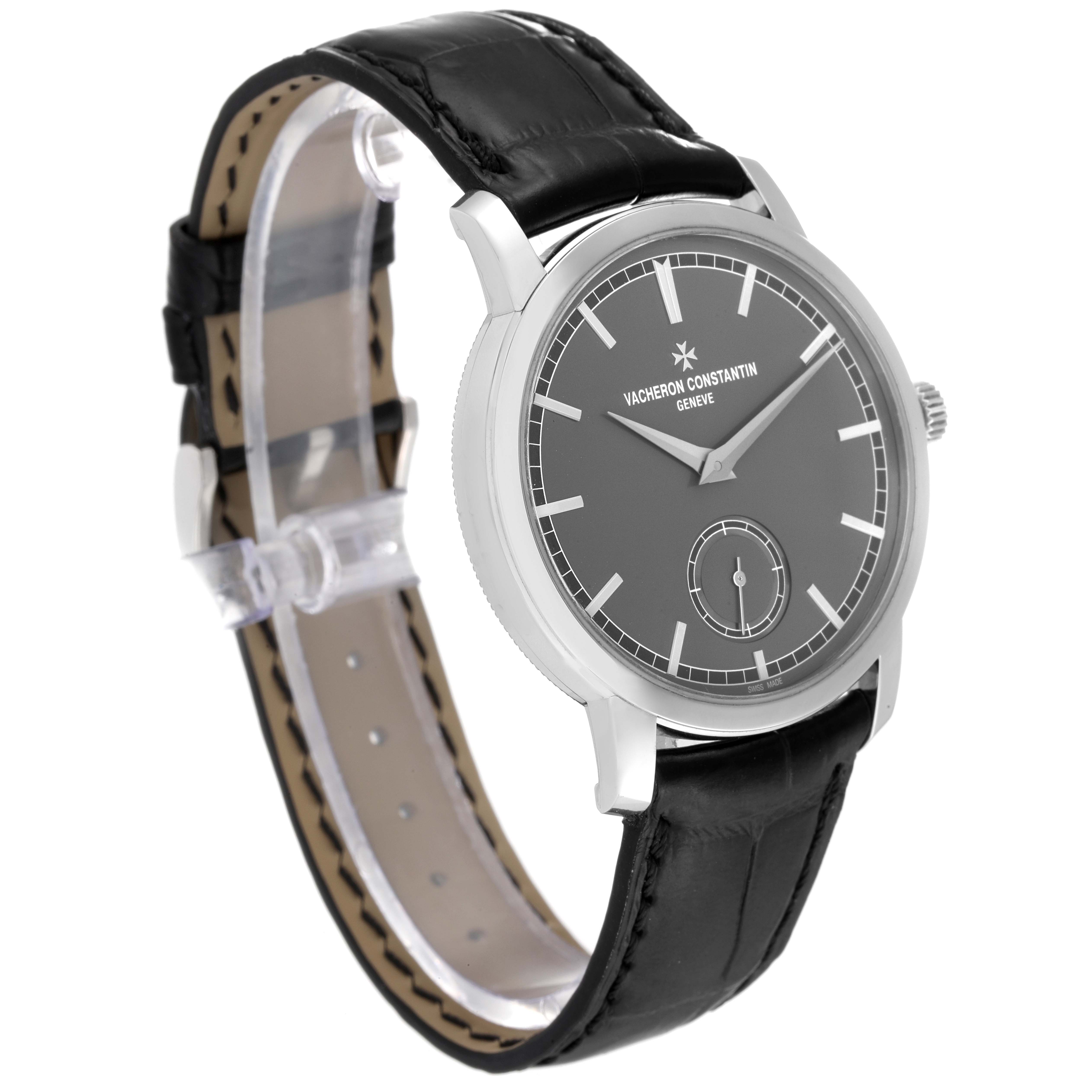 The Vacheron Constantin Traditionnelle 82172/000P-9811 Men's Platinum Grey Dial 82172/000P-9811 Men's Platinum Grey Dial watch is shown at a side angle, displaying its face, case, crown, and black leather strap.