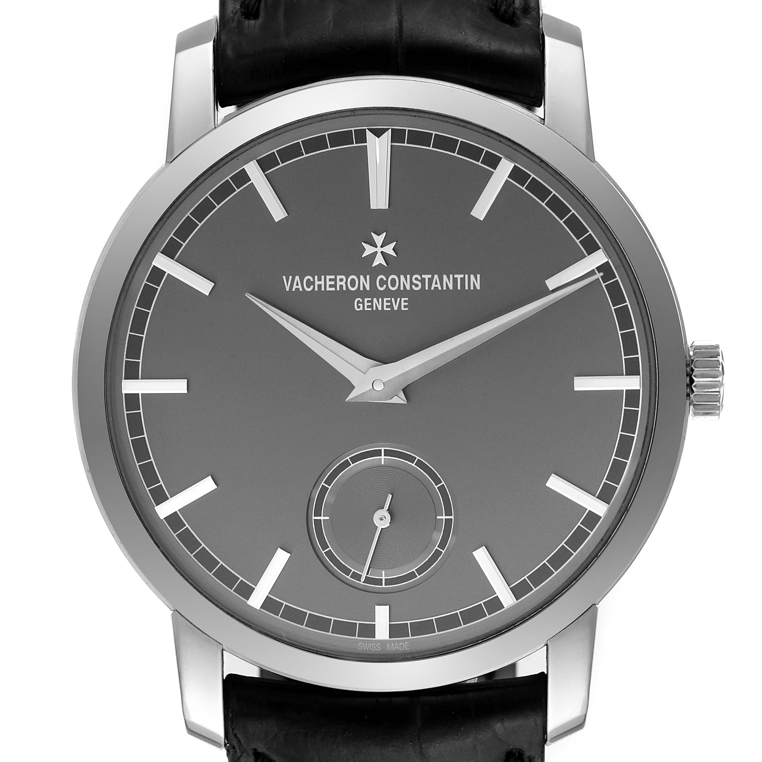 The image shows a front view of a Vacheron Constantin Traditionnelle 82172/000P-9811 Men's Platinum Grey Dial 82172/000P-9811 Men's Platinum Grey Dial watch displaying its dial, hands, indices, and part of the strap.
