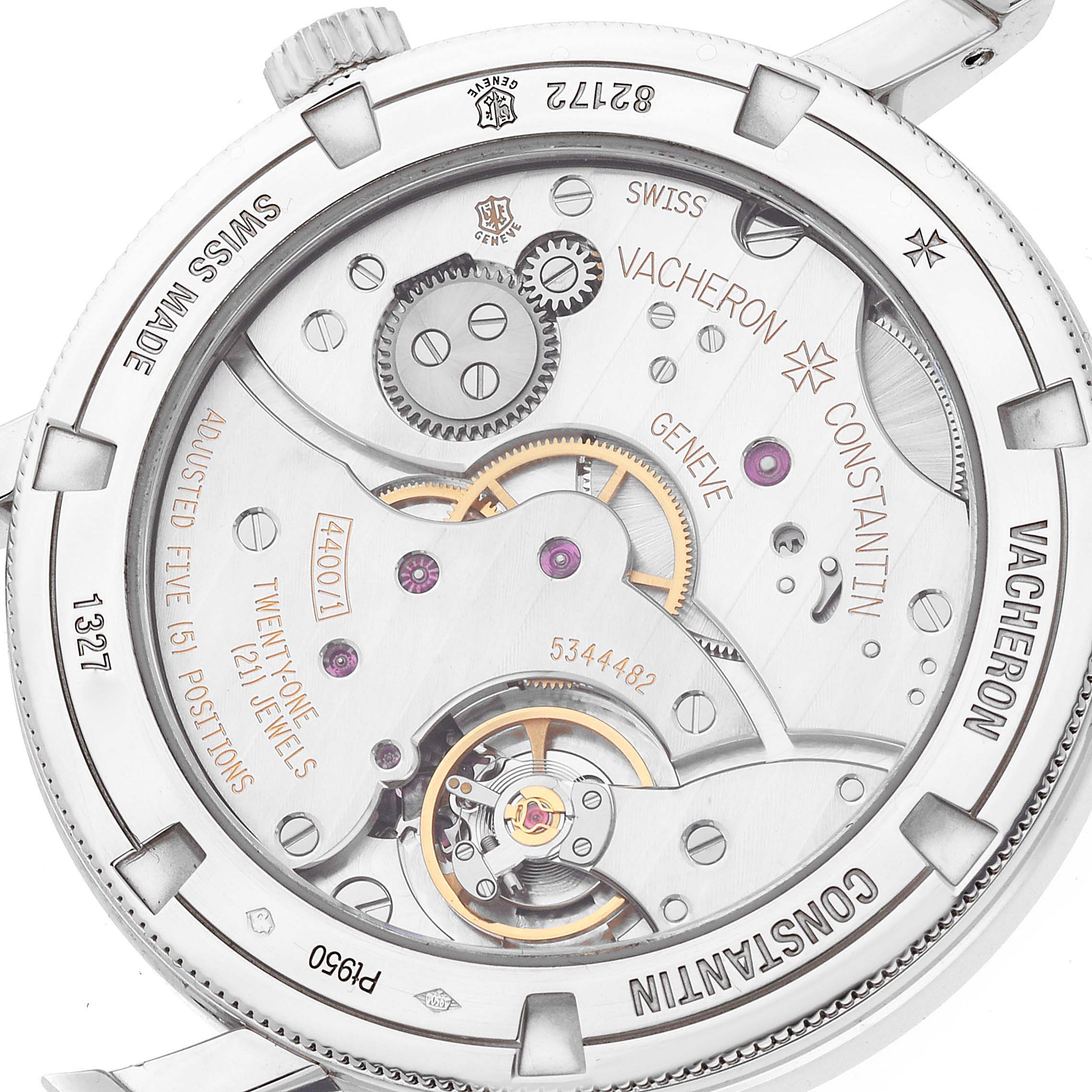 The image shows the back of the Vacheron Constantin Traditionnelle 82172/000P-9811 Men's Platinum Grey Dial 82172/000P-9811 Men's Platinum Grey Dial watch, highlighting its intricate movement and internal components.
