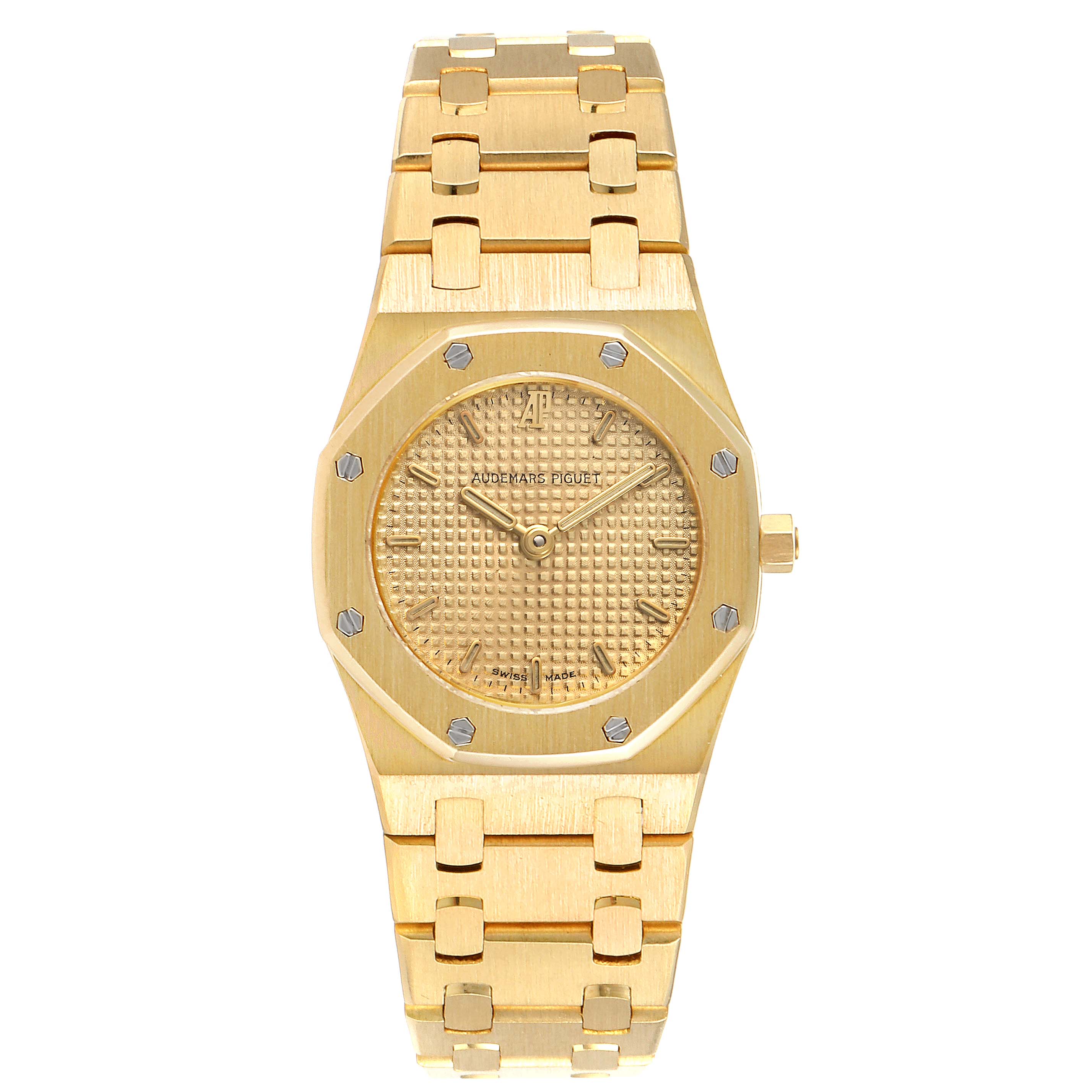 The image shows a frontal view of the Audemars Piguet Royal Oak D6519 Women's Yellow Gold Champagne Dial D6519 Women's Yellow Gold Champagne Dial watch, displaying its dial, bezel, and bracelet.