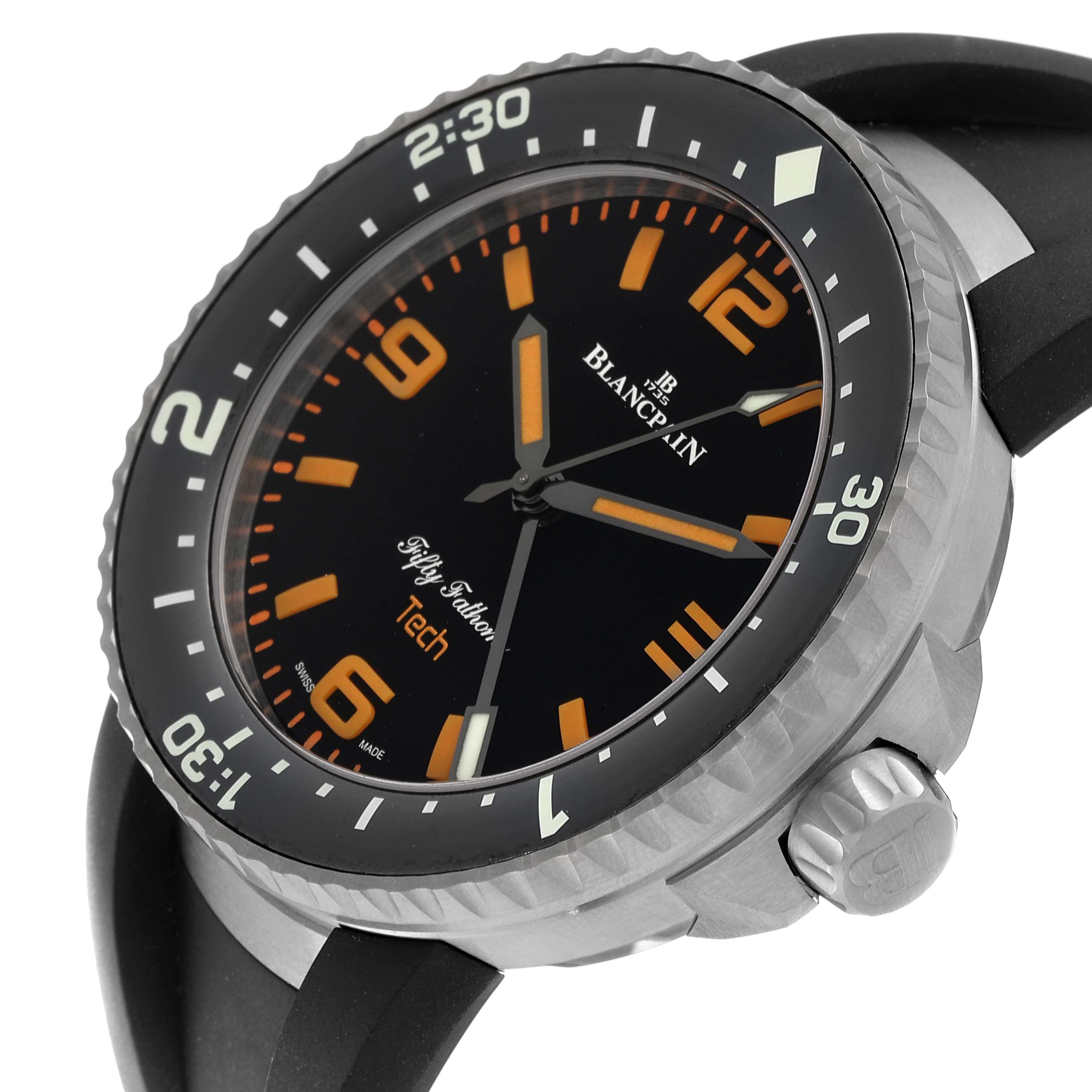 The image shows a side angle of the Blancpain Fifty Fathoms 5019-12B30-64A Men's Titanium Black Dial 5019-12B30-64A Men's Titanium Black Dial watch, displaying the bezel, dial, and crown.