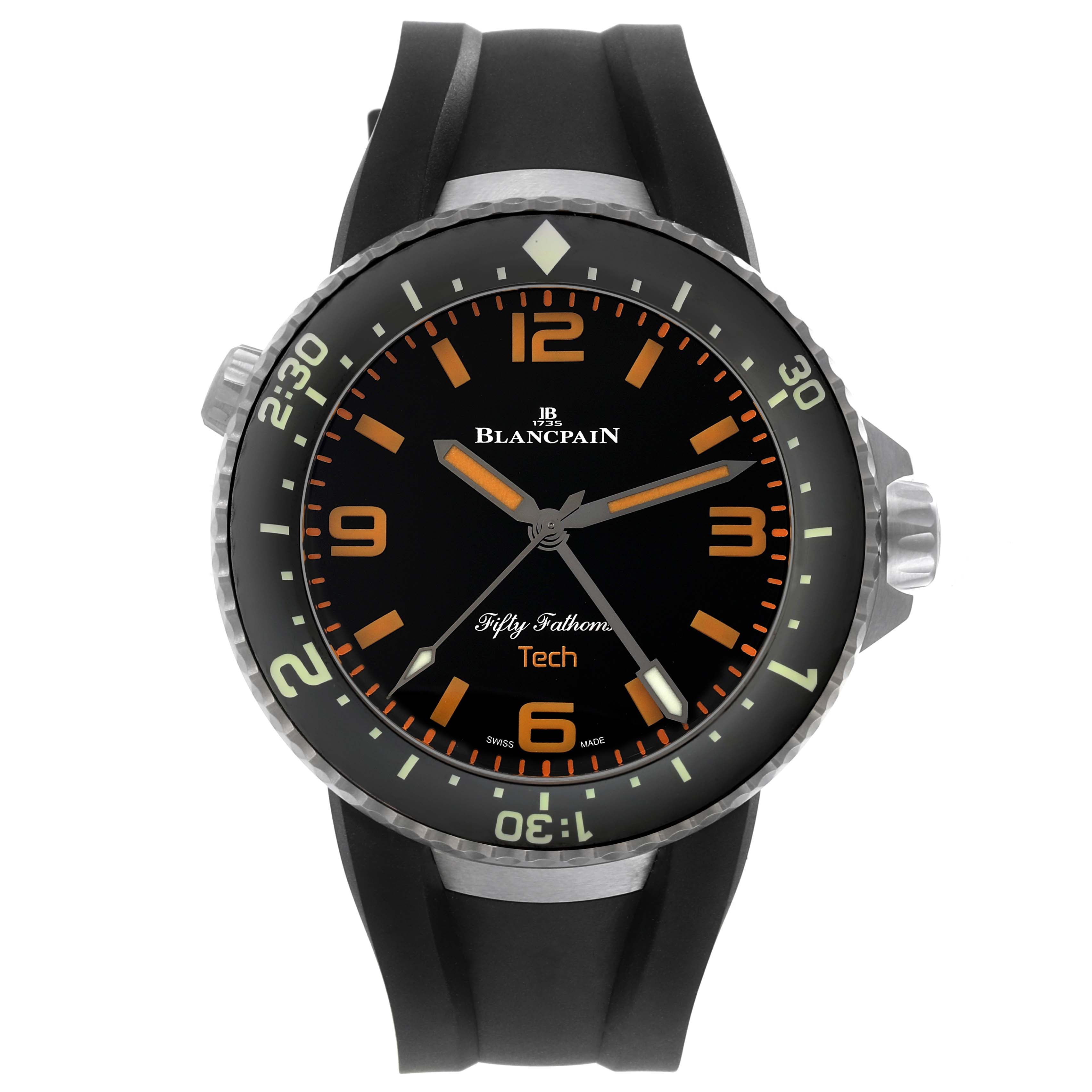 The image shows a front view of the Blancpain Fifty Fathoms 5019-12B30-64A Men's Titanium Black Dial 5019-12B30-64A Men's Titanium Black Dial watch, highlighting its dial, bezel, and strap.