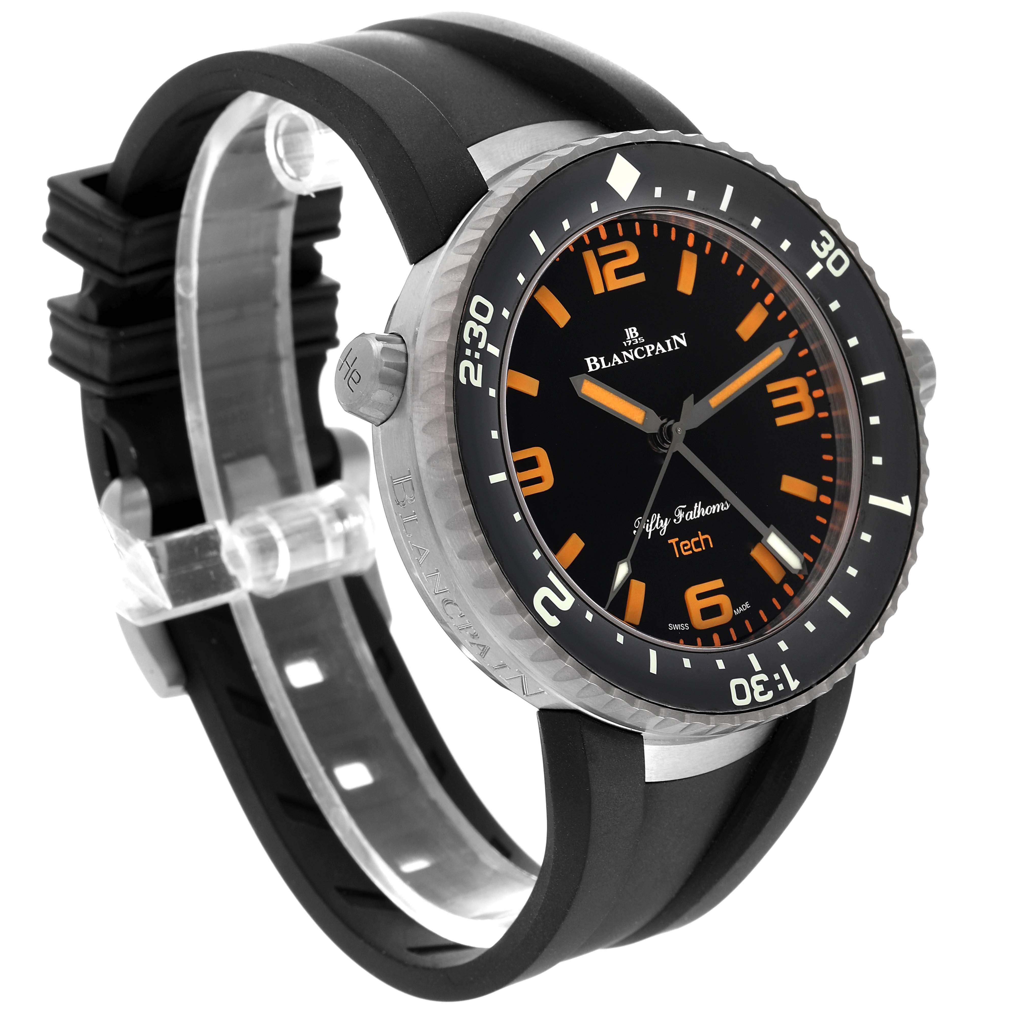 The image shows a side angle of a Blancpain Fifty Fathoms 5019-12B30-64A Men's Titanium Black Dial 5019-12B30-64A Men's Titanium Black Dial watch, highlighting the dial, bezel, crown, and rubber strap.