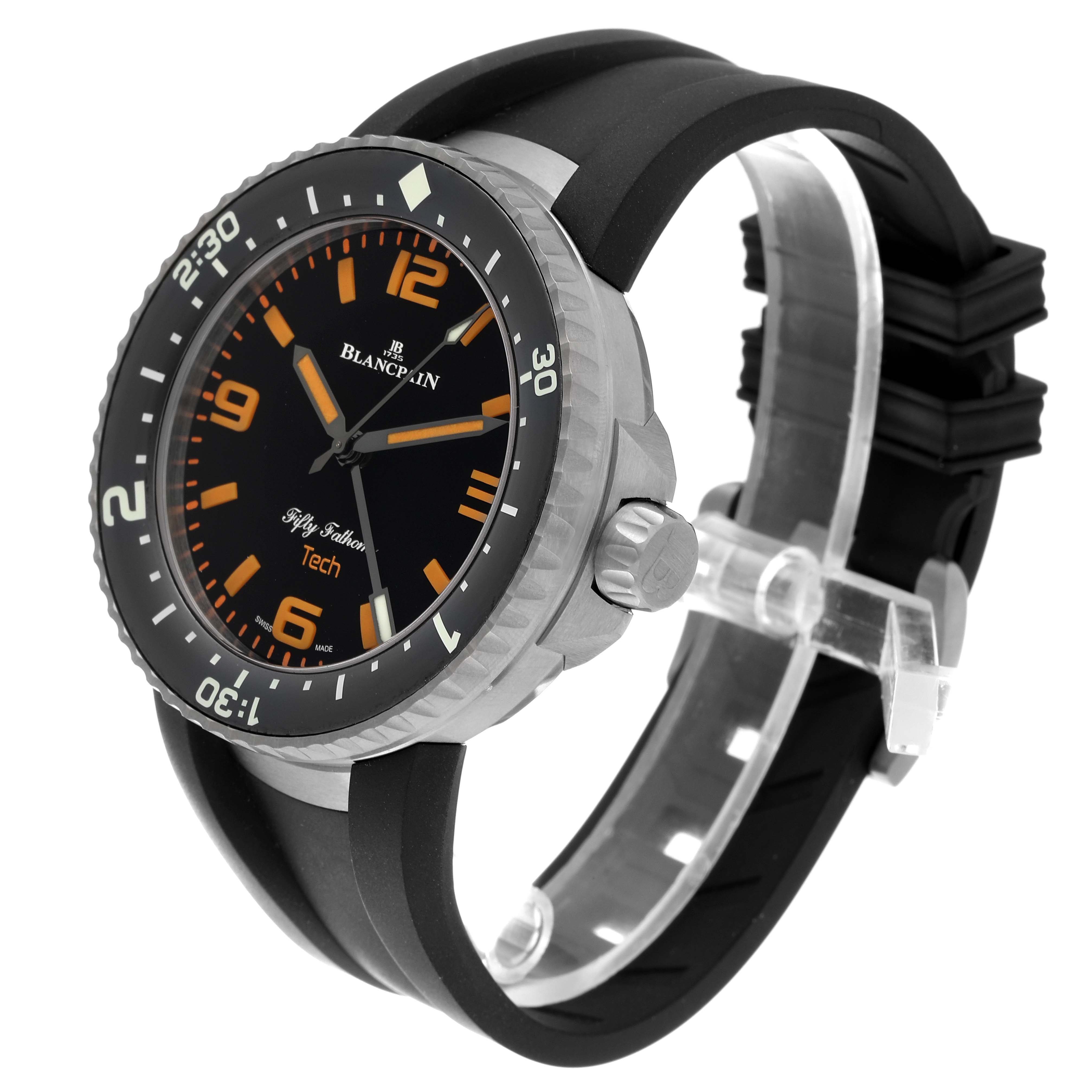 The Blancpain Fifty Fathoms 5019-12B30-64A Men's Titanium Black Dial 5019-12B30-64A Men's Titanium Black Dial watch is shown at a three-quarter angle, displaying the face, bezel, crown, and part of the strap.