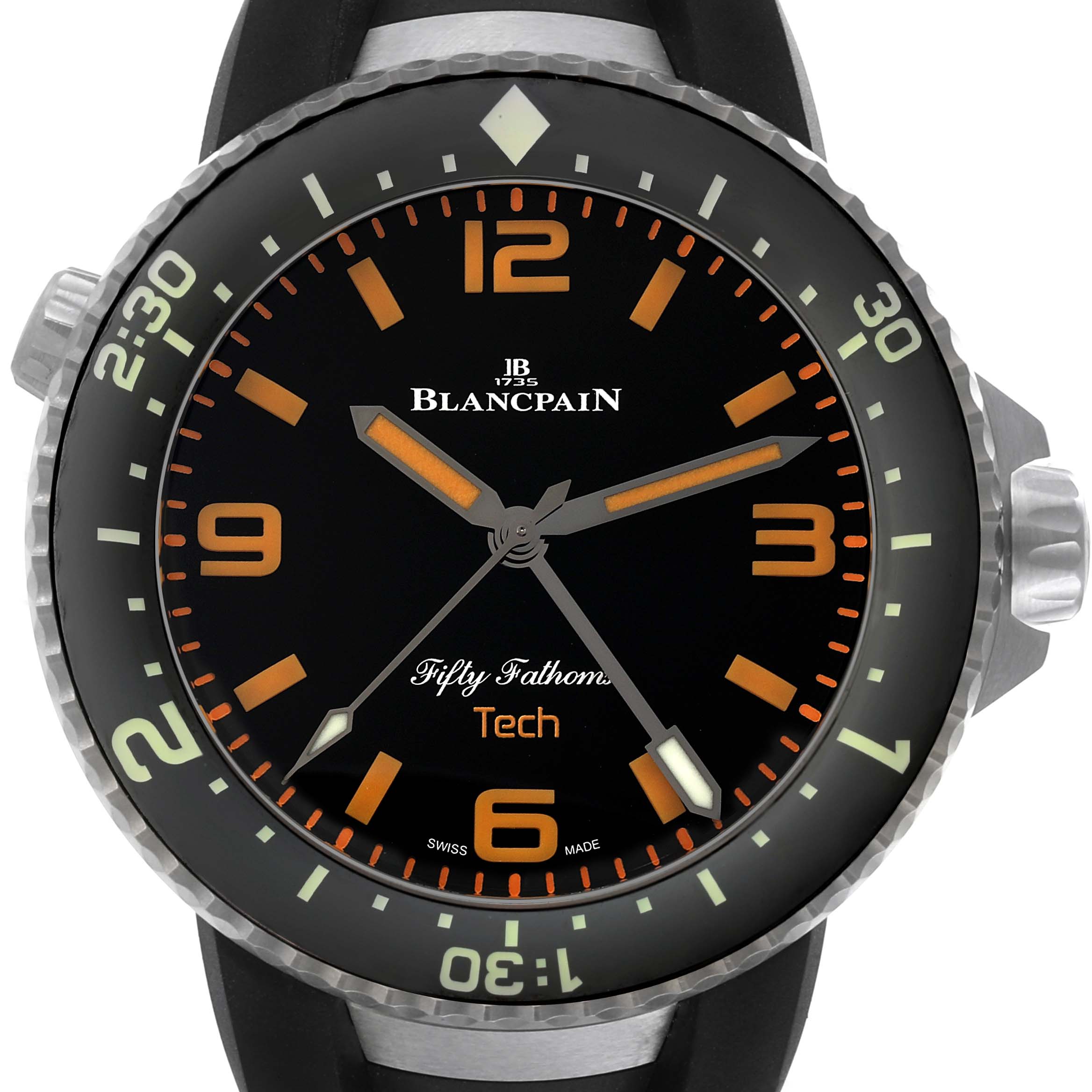 The image shows a frontal view of the Blancpain Fifty Fathoms 5019-12B30-64A Men's Titanium Black Dial 5019-12B30-64A Men's Titanium Black Dial Tech watch, highlighting the dial, hands, bezel, and crown.