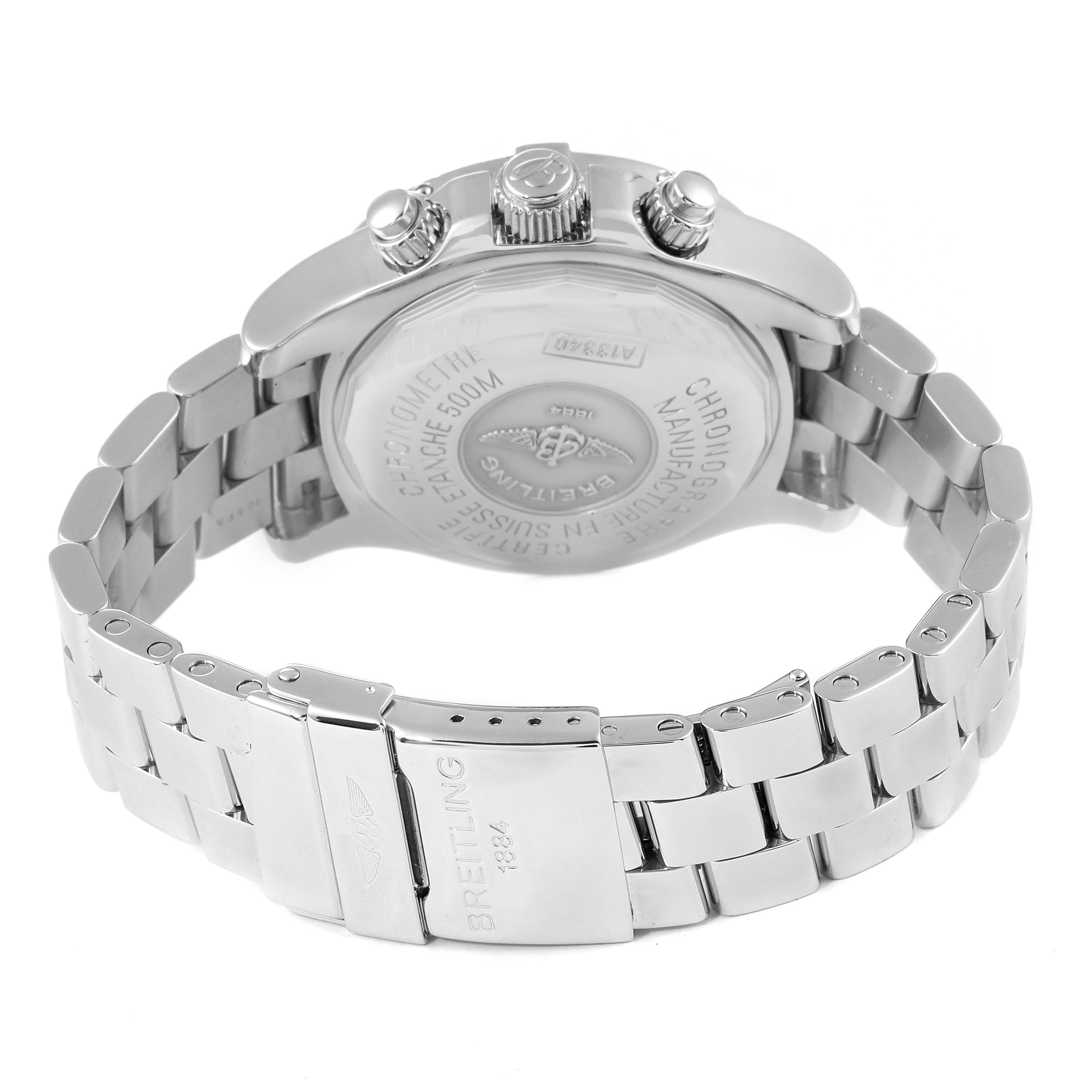 The image shows the back case, crown, pushers, and bracelet of a Breitling Superocean A13340 Men's Stainless Steel Black Dial A13340 Men's Stainless Steel Black Dial watch from a rear angle.