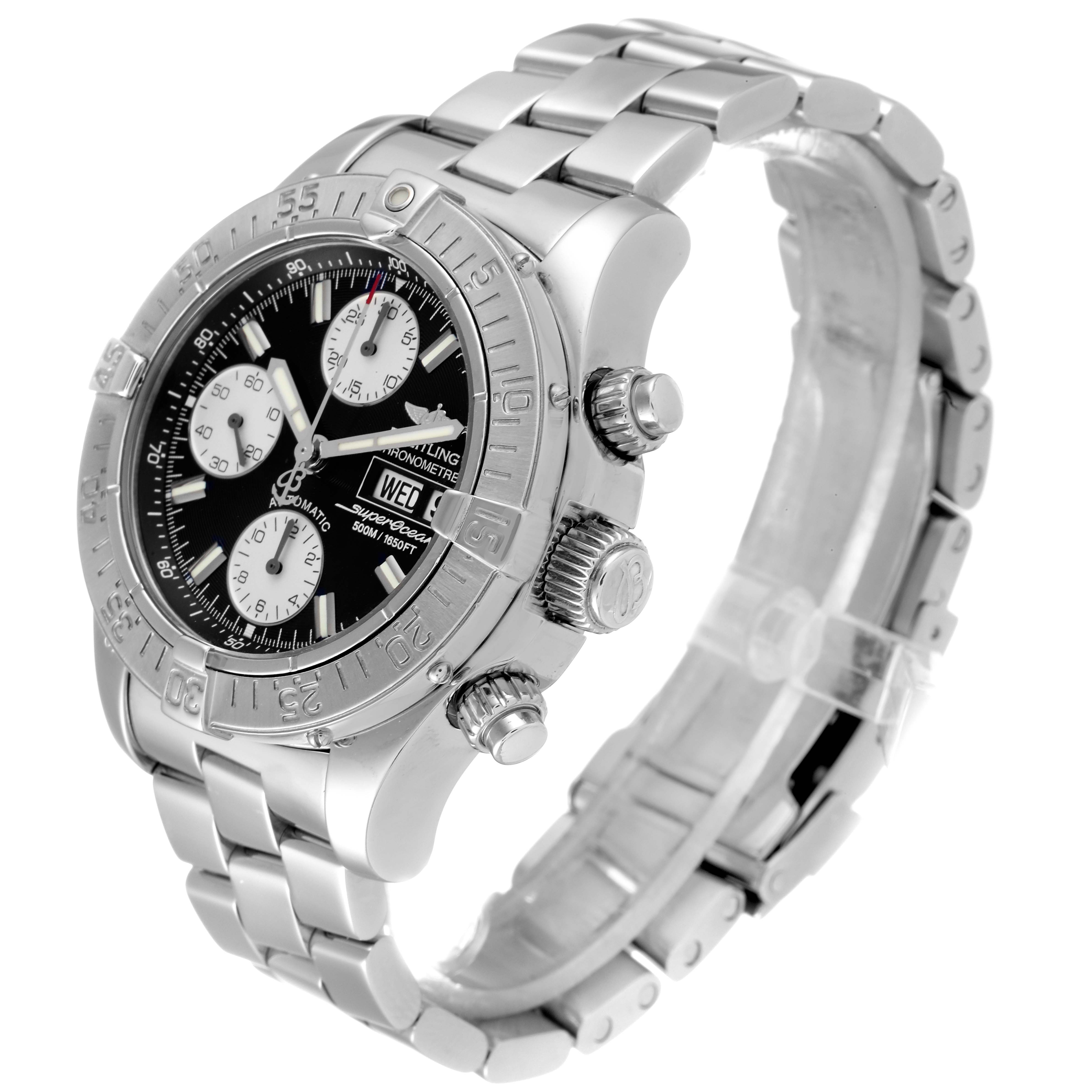 The image shows a Breitling Superocean A13340 Men's Stainless Steel Black Dial A13340 Men's Stainless Steel Black Dial watch at an angled side view, highlighting the face, bezel, crown, and metal bracelet.