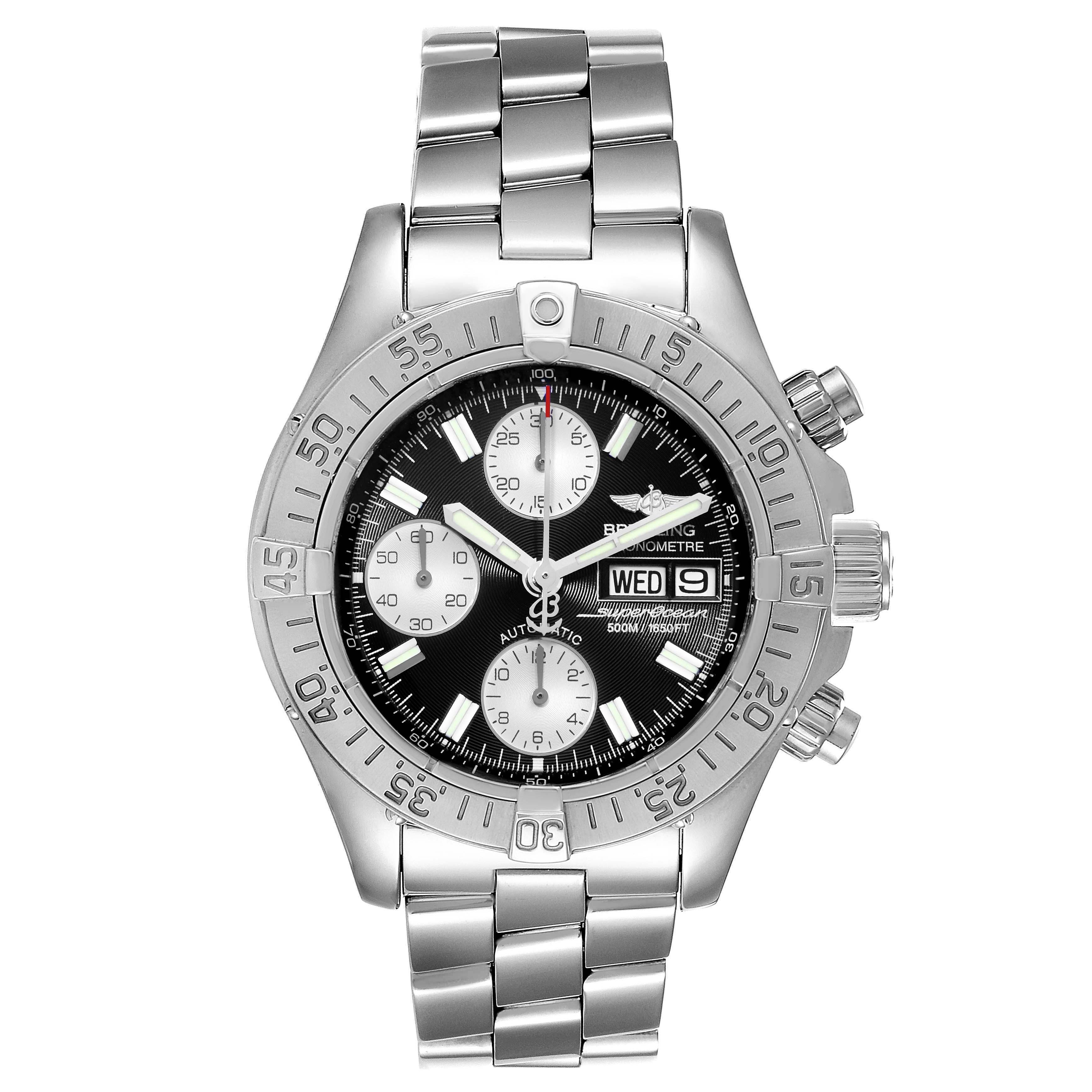 The image shows a front view of a Breitling Superocean A13340 Men's Stainless Steel Black Dial A13340 Men's Stainless Steel Black Dial watch, including its dial, bezel, and bracelet.