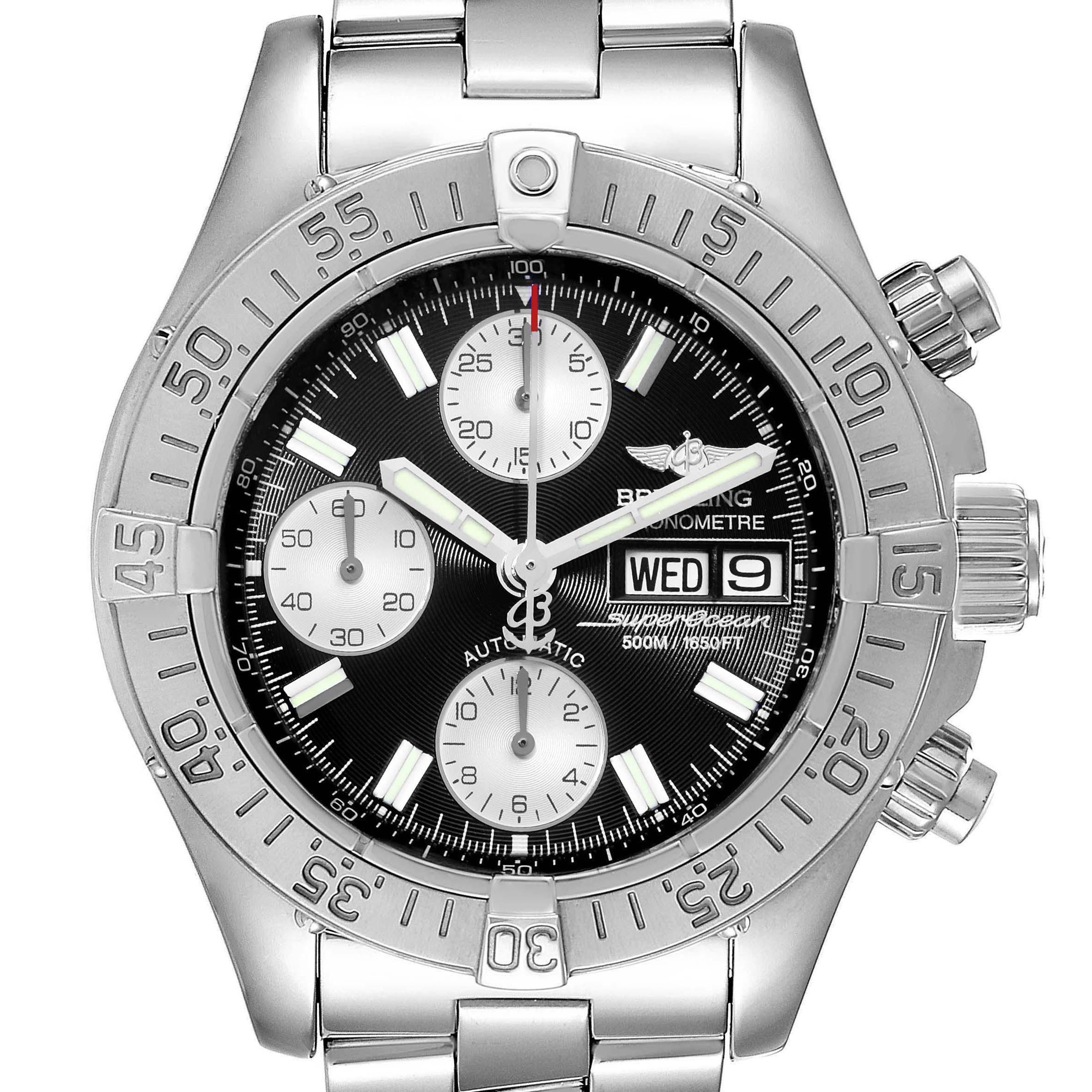 The image shows a front view of the Breitling Superocean A13340 Men's Stainless Steel Black Dial A13340 Men's Stainless Steel Black Dial watch, highlighting its bezel, dial, chronographs, and bracelet.