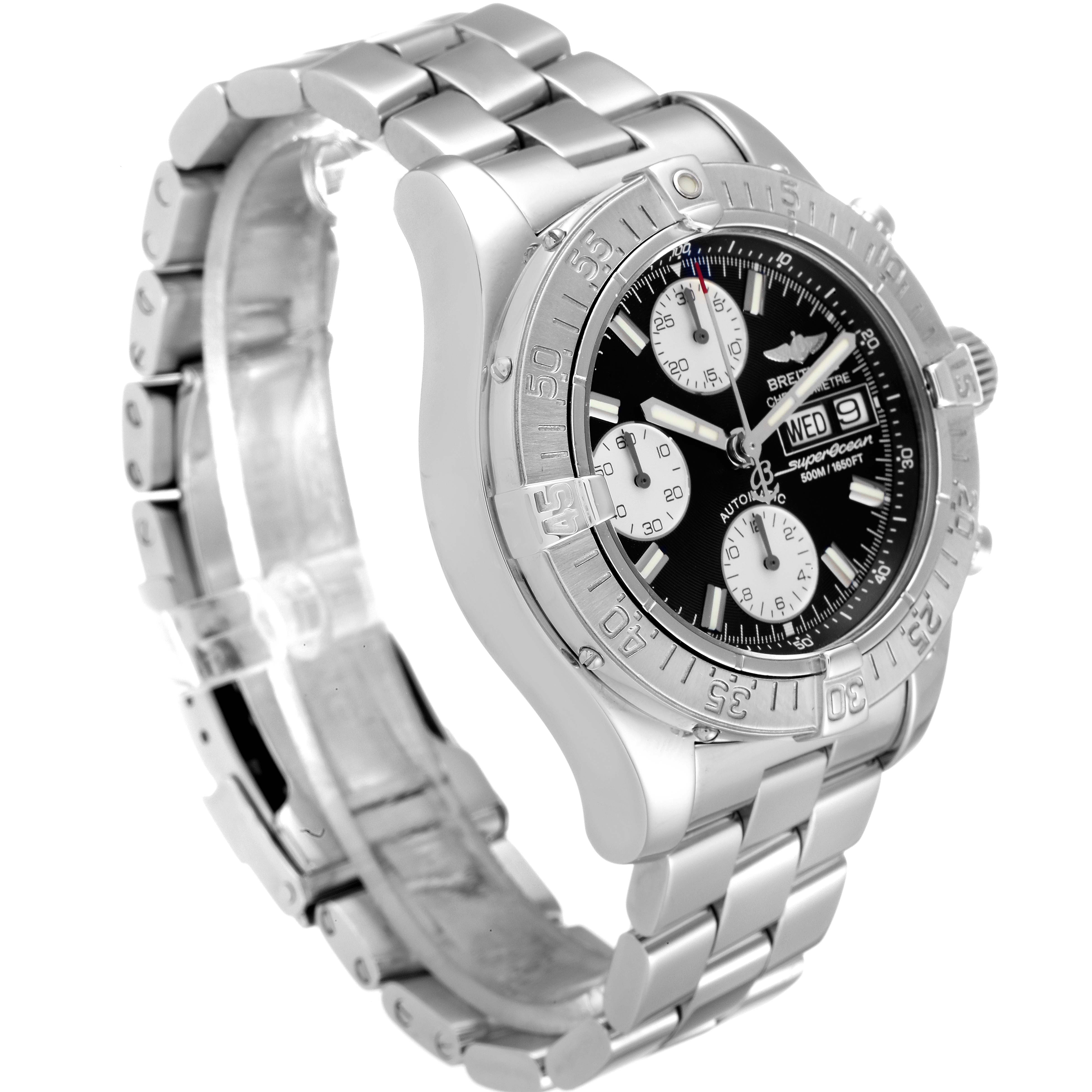 The Breitling Superocean A13340 Men's Stainless Steel Black Dial A13340 Men's Stainless Steel Black Dial watch is shown at a three-quarter angle, highlighting its face, bezel, and metal bracelet.