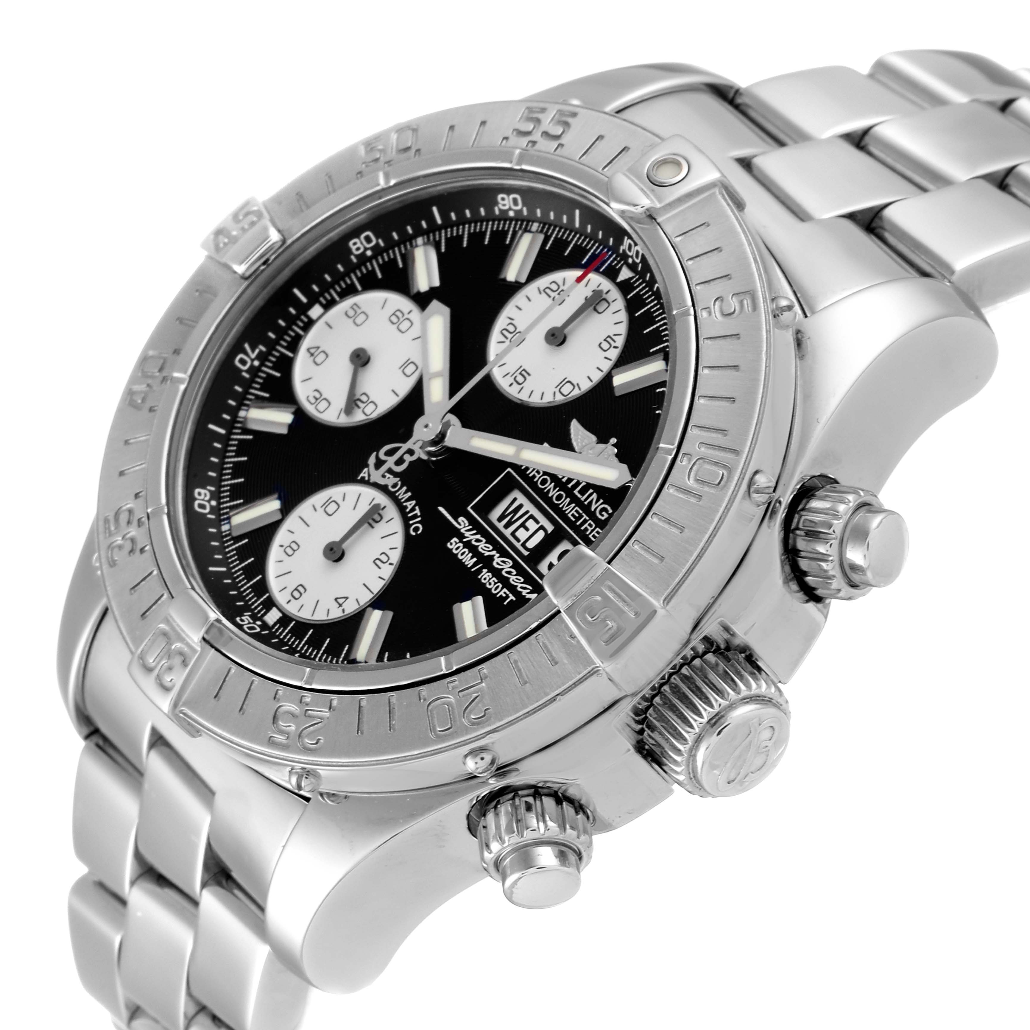 The image shows a Breitling Superocean A13340 Men's Stainless Steel Black Dial A13340 Men's Stainless Steel Black Dial watch at an angle highlighting its dial, bezel, crown, pushers, and bracelet.