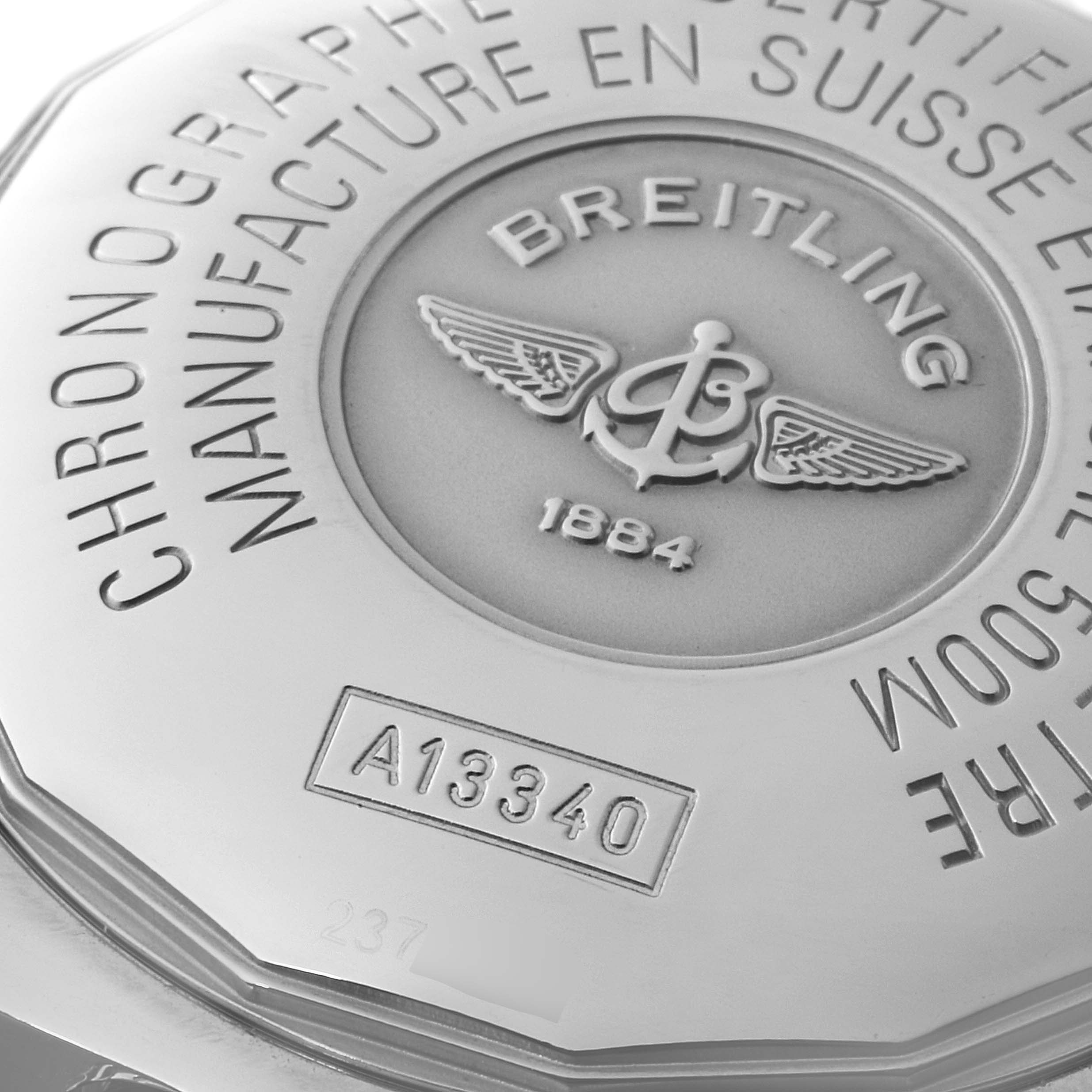 This image shows the engraved case back of a Breitling Superocean A13340 Men's Stainless Steel Black Dial A13340 Men's Stainless Steel Black Dial watch.