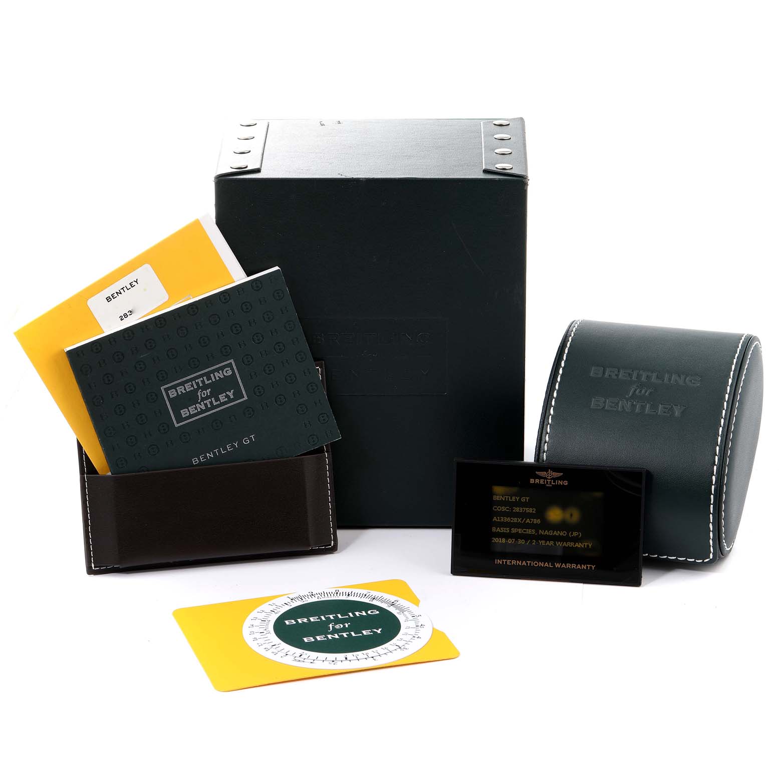 The image shows the Breitling Bentley A13362 Men's Stainless Steel Mother of Pearl Dial A13362 Men's Stainless Steel Mother of Pearl Dial GT watch box, manual, warranty card, and additional packaging accessories.