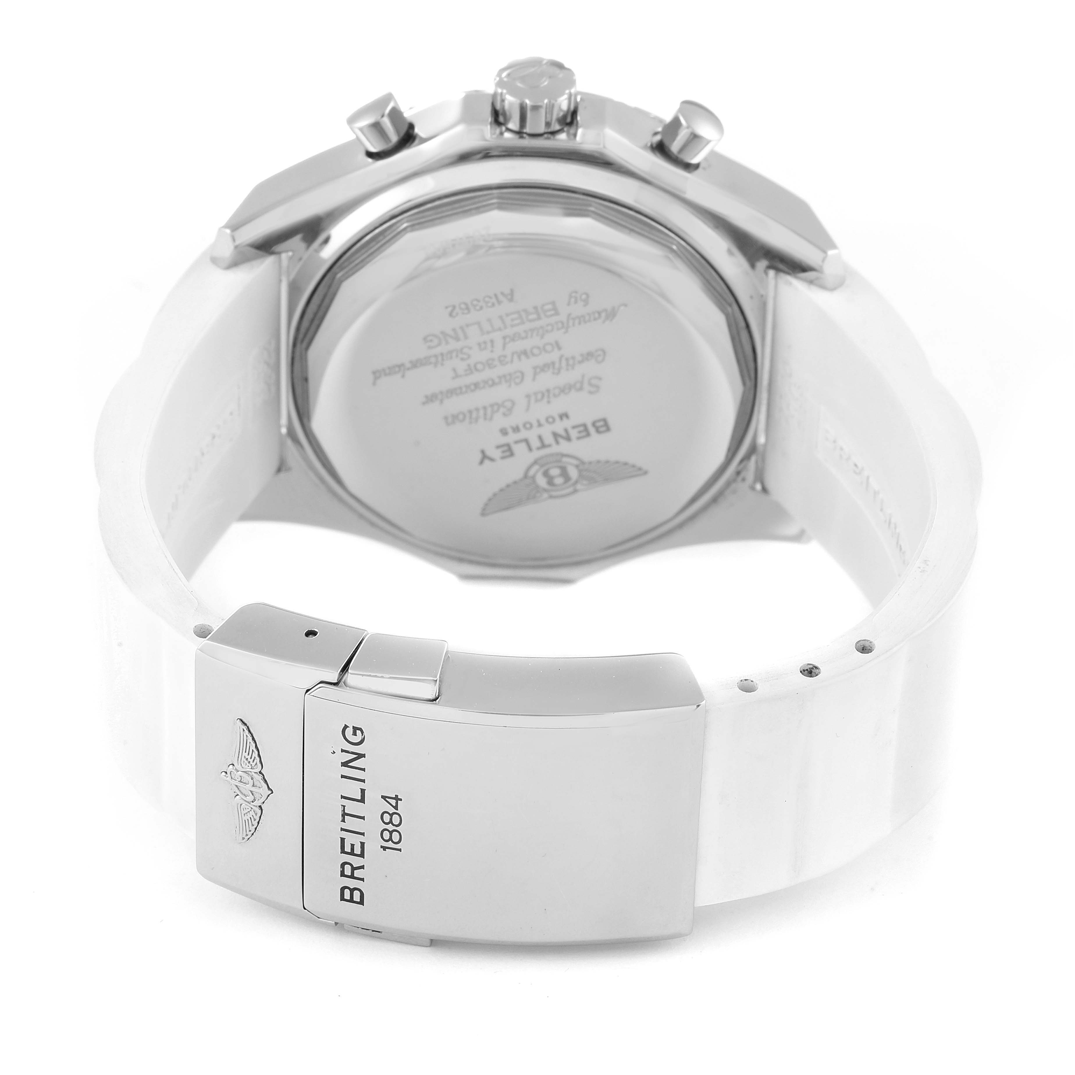 This image shows the back of the Bentley model by Breitling, displaying the case back, clasp, and part of the white strap.