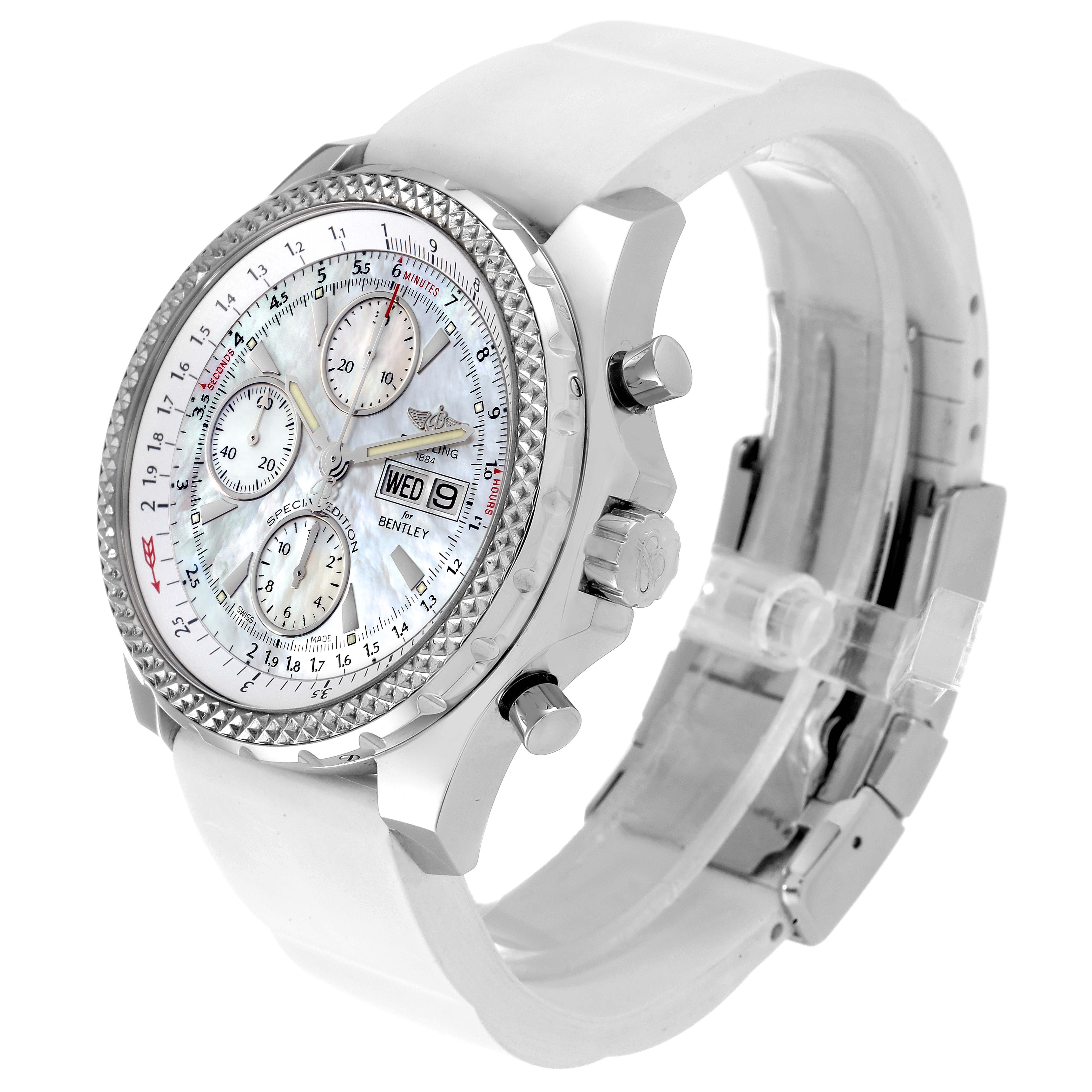 The image shows a Breitling Bentley A13362 Men's Stainless Steel Mother of Pearl Dial A13362 Men's Stainless Steel Mother of Pearl Dial watch at a three-quarter angle, highlighting its dial, crown, chronograph pushers, and strap.