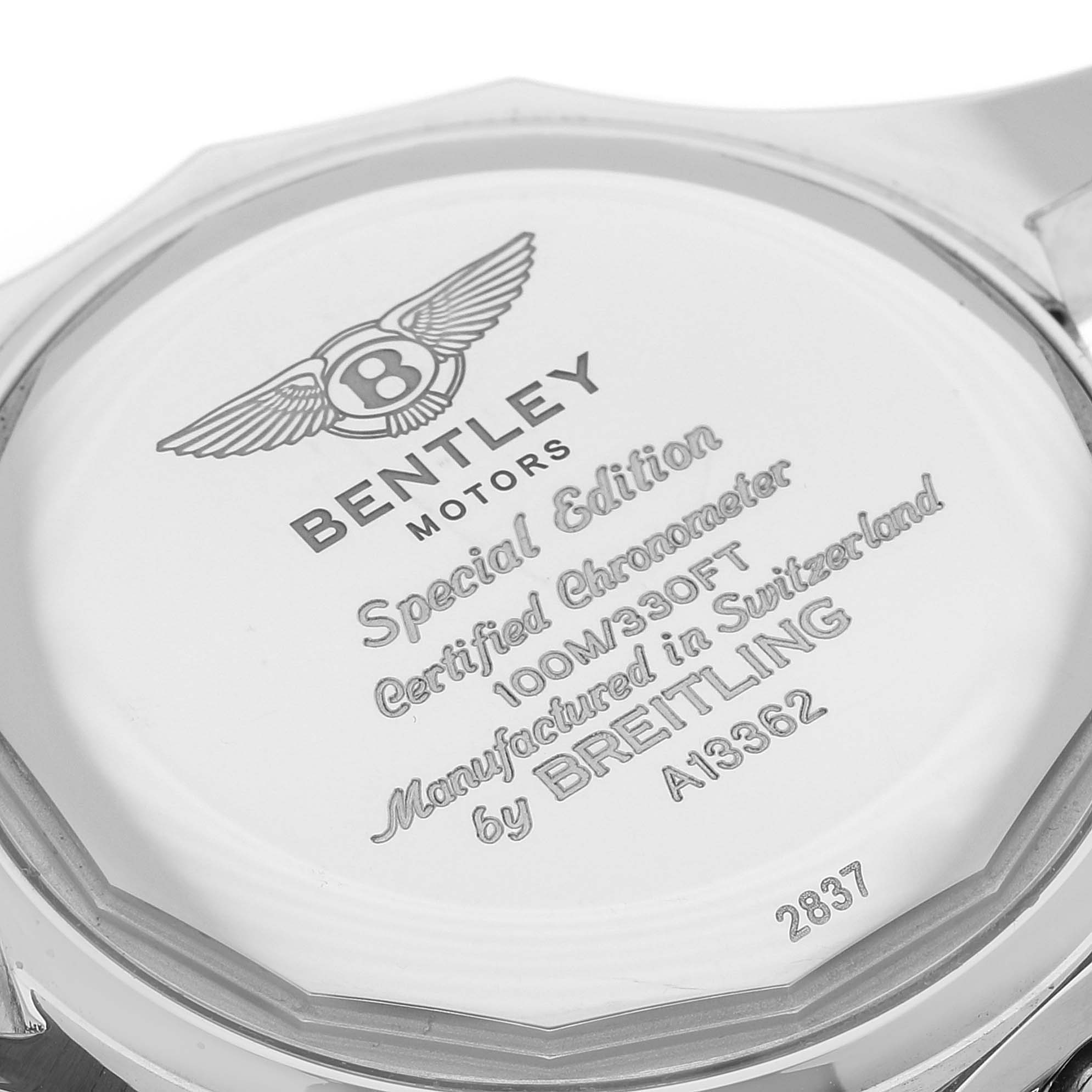 This image shows the case back of a Breitling Bentley A13362 Men's Stainless Steel Mother of Pearl Dial A13362 Men's Stainless Steel Mother of Pearl Dial model watch, featuring engravings of branding and specifications.