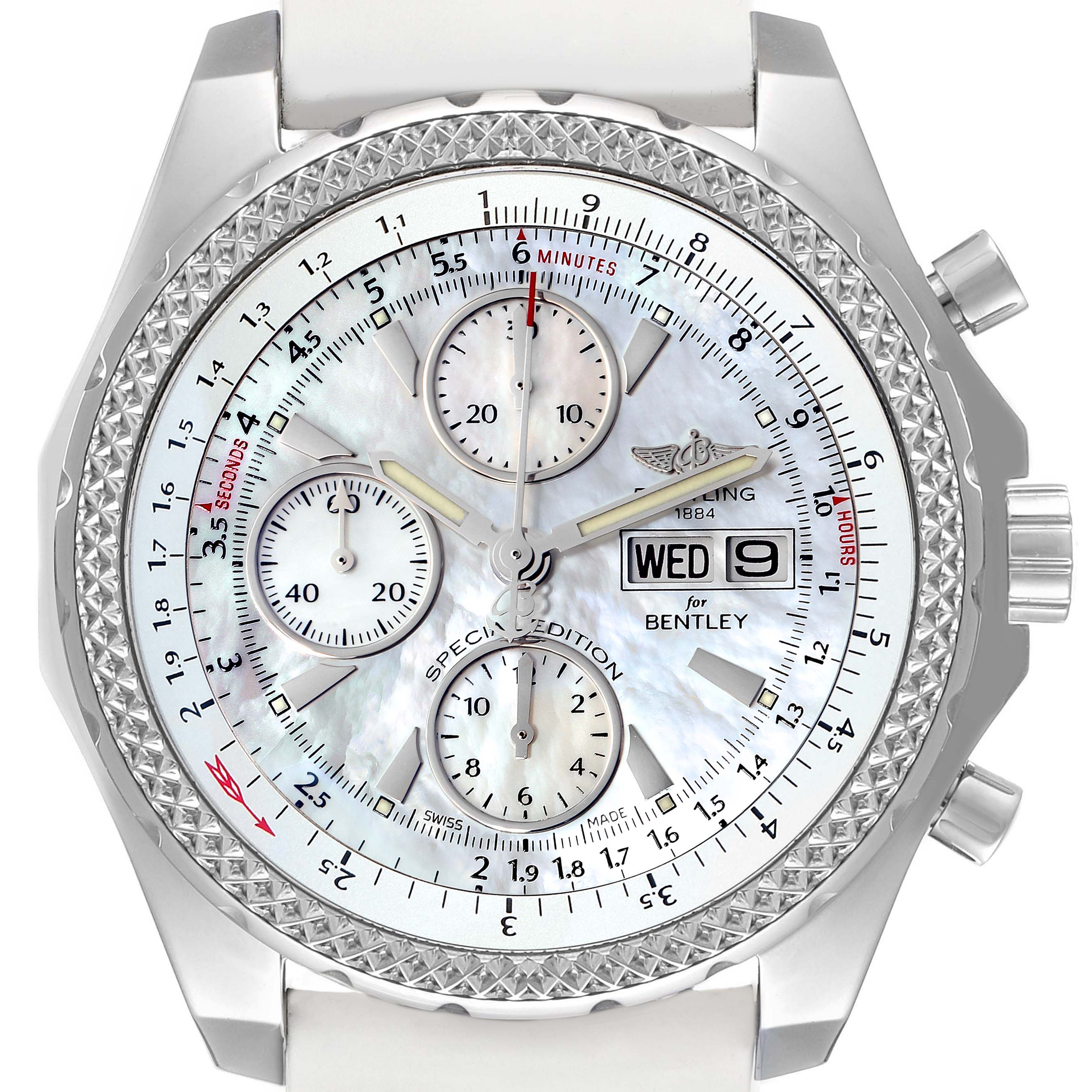 The image shows a frontal view of a Breitling Bentley A13362 Men's Stainless Steel Mother of Pearl Dial A13362 Men's Stainless Steel Mother of Pearl Dial watch, highlighting its dials, bezel, and day-date display.