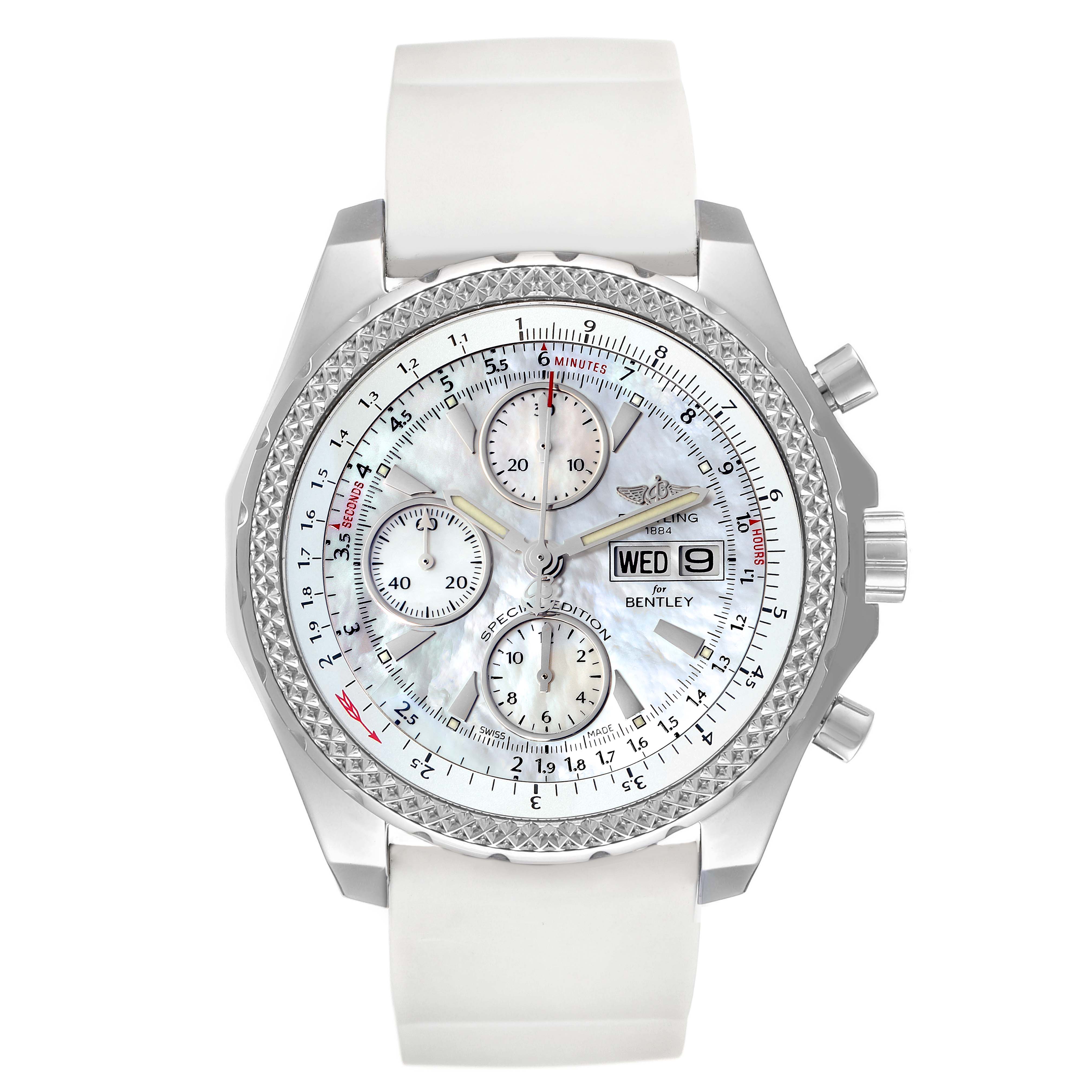 The Breitling Bentley A13362 Men's Stainless Steel Mother of Pearl Dial A13362 Men's Stainless Steel Mother of Pearl Dial model watch is shown from the front, displaying its dial, bezel, and white strap.