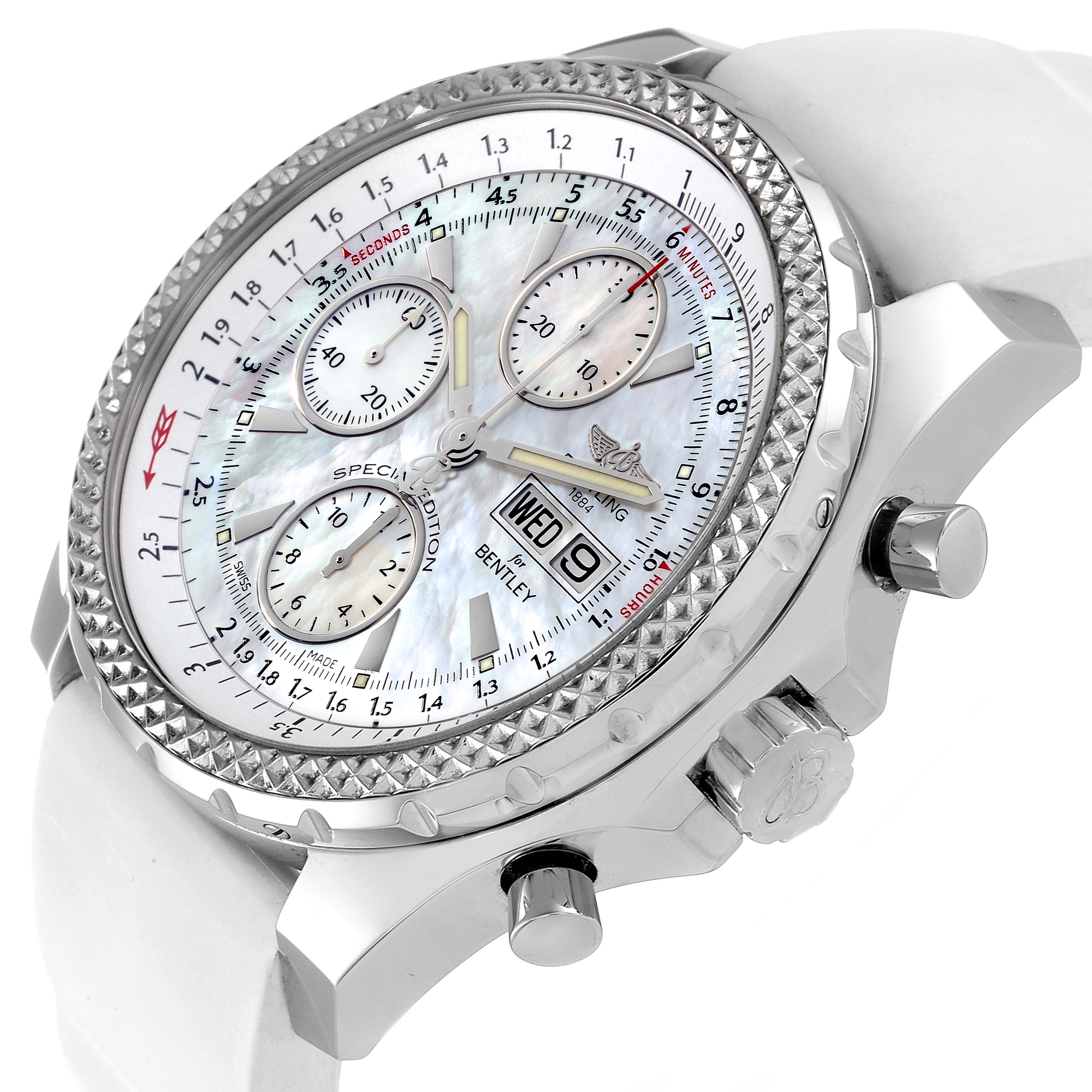 This Breitling Bentley A13362 Men's Stainless Steel Mother of Pearl Dial A13362 Men's Stainless Steel Mother of Pearl Dial watch is shown at an angled close-up, displaying the face, bezel, and pushers.
