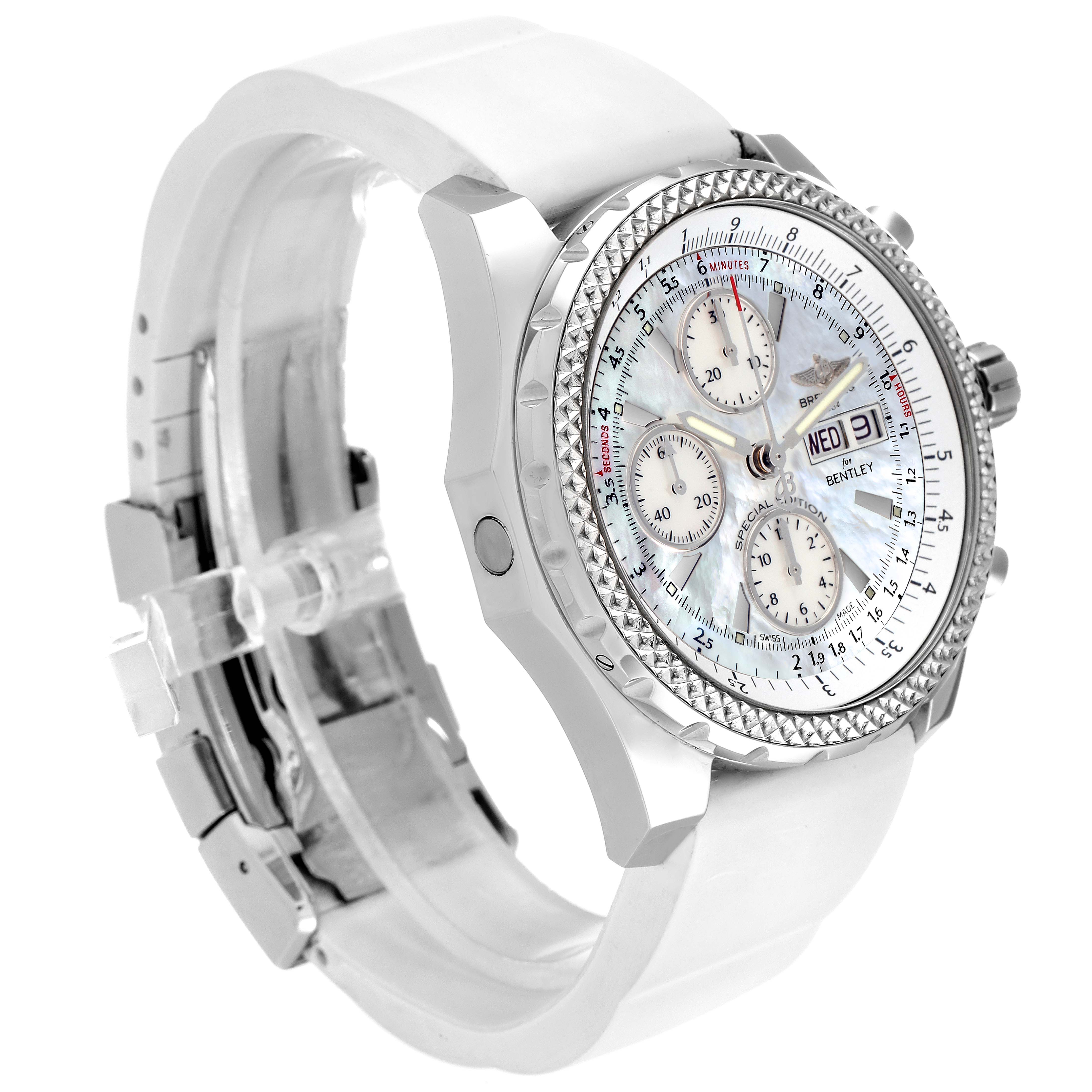 The Breitling Bentley A13362 Men's Stainless Steel Mother of Pearl Dial A13362 Men's Stainless Steel Mother of Pearl Dial watch is shown at a three-quarter angle, displaying its dial, bezel, and part of its strap.