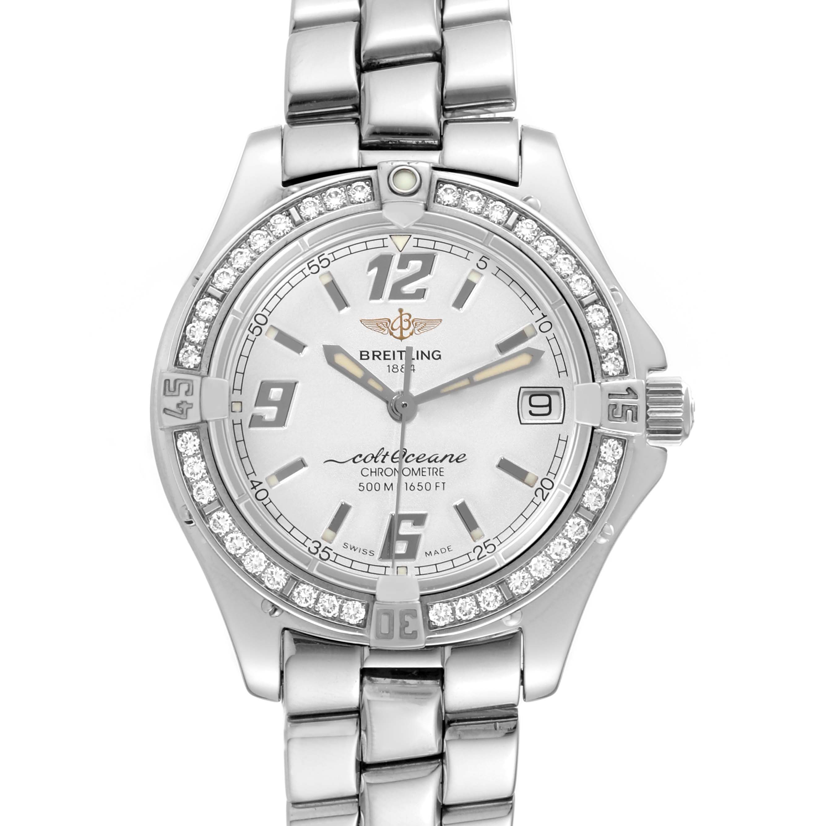 This Breitling A57350 Women
s Stainless Steel Silver Dial A57350 Women
s Stainless Steel Silver Dial Colt Oceane Silver Dial Diamond Steel Ladies Watch A57350 is shown from a front angle, displaying its dial, bezel, bracelet, and crown.