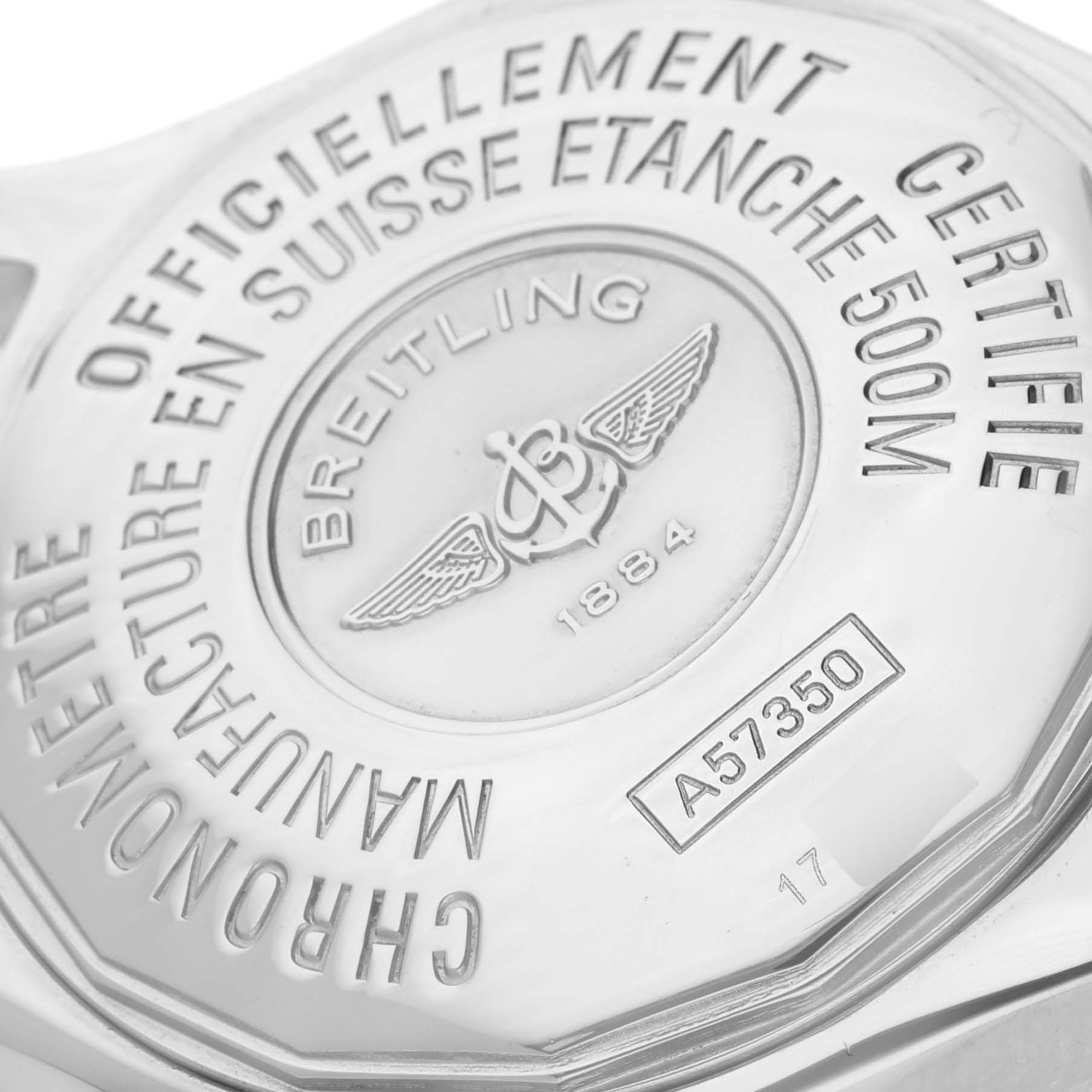 The image shows the backside of the Breitling A57350 Women
s Stainless Steel Silver Dial A57350 Women
s Stainless Steel Silver Dial Colt Oceane A57350 watch, displaying the model number and branding details.